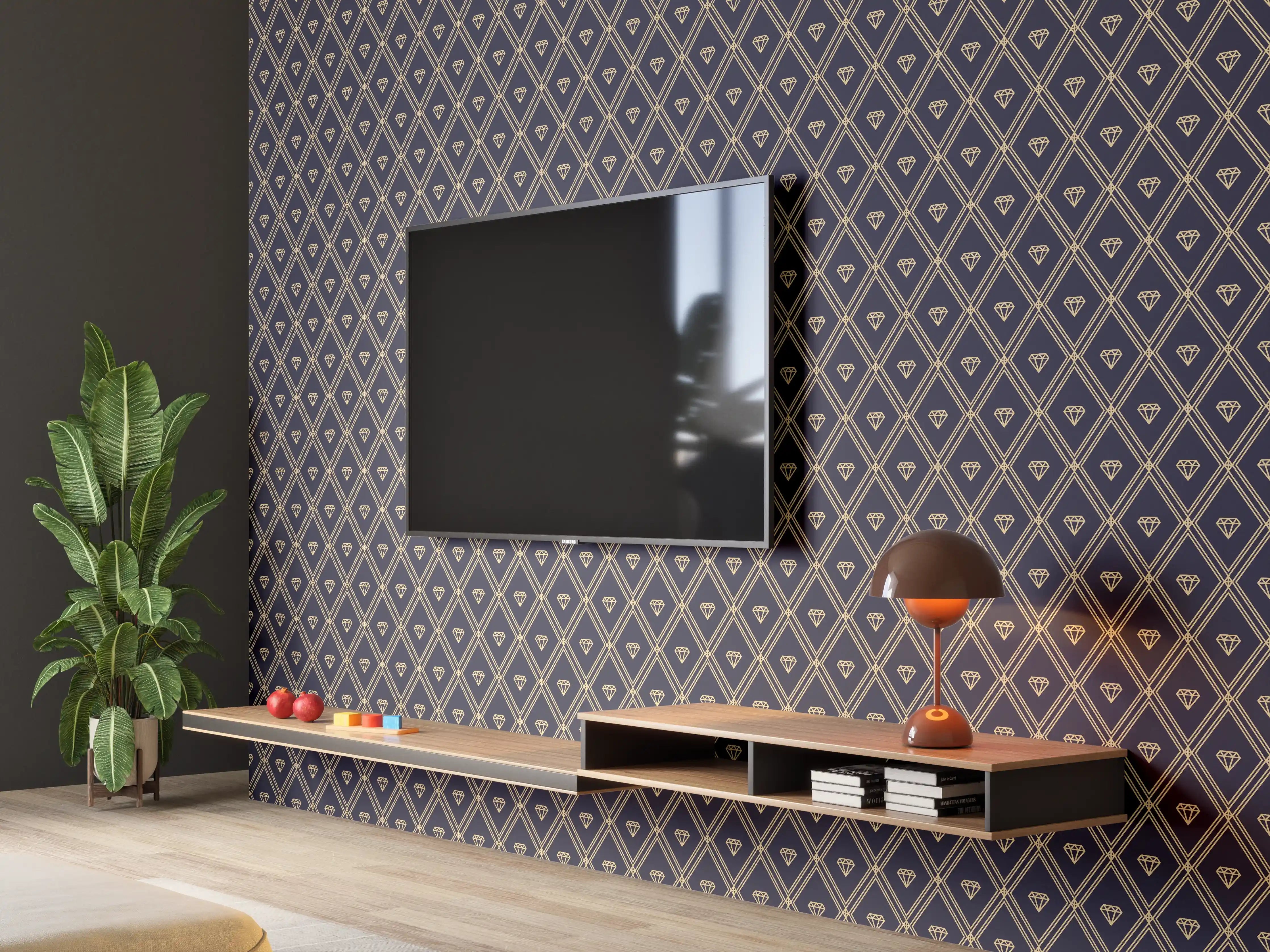 Wandverkleidung Wohnzimmer - Elegant geometrisches Muster in Dunkelblau und Gold