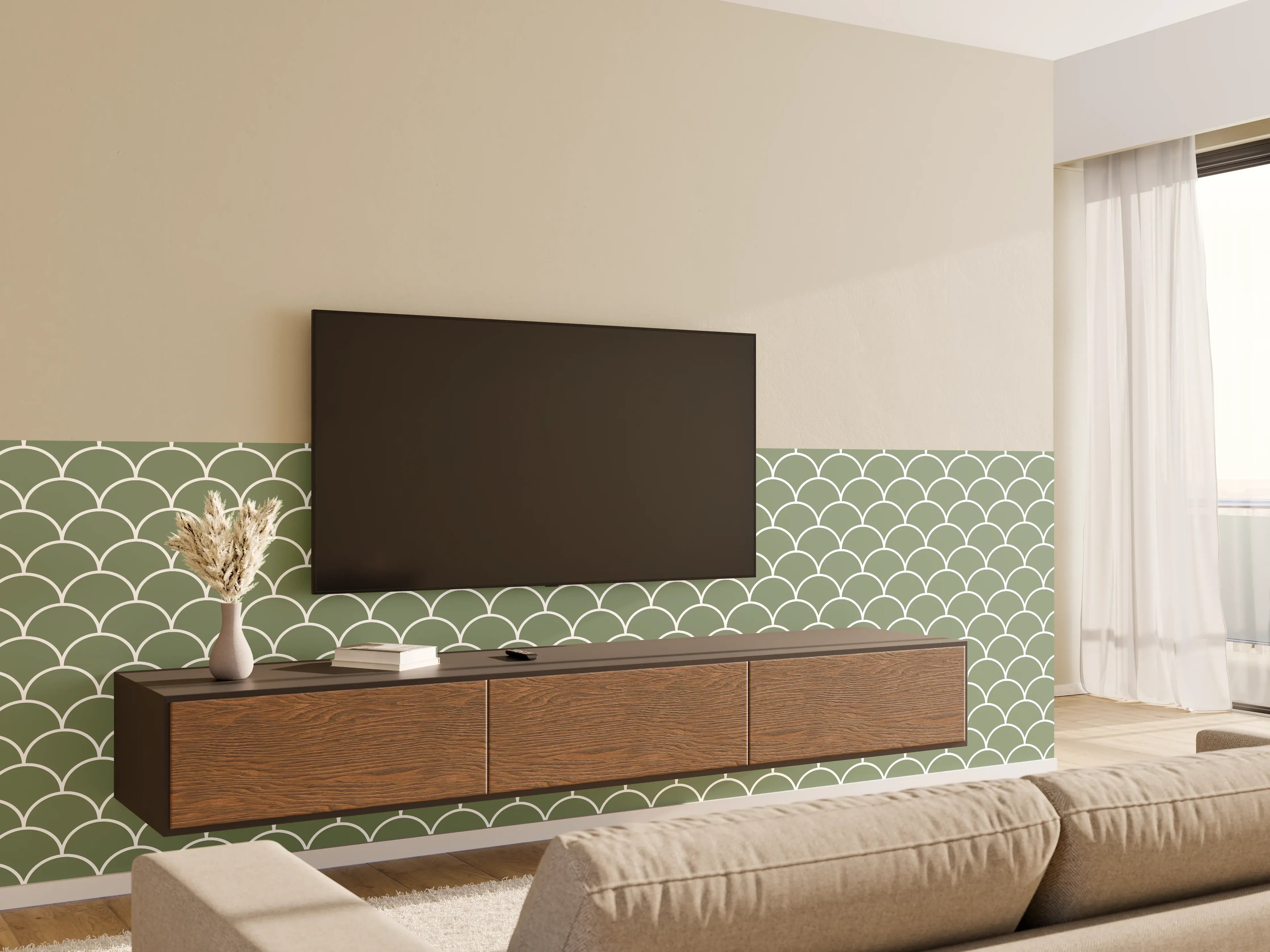 Wandverkleidung Wohnzimmer - Elegant grüne Muschelmusterdekoration
