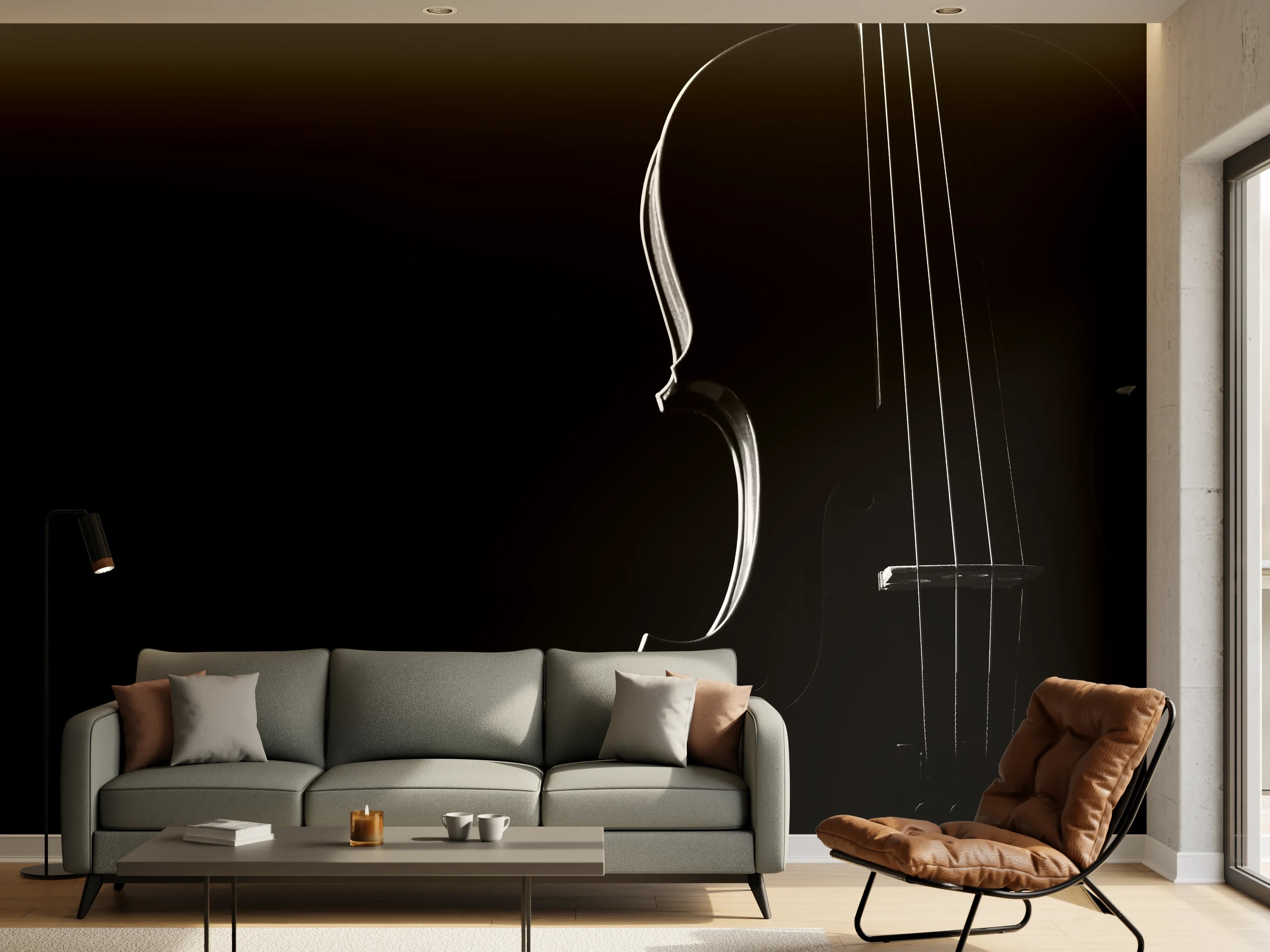 Wandverkleidung Wohnzimmer - Elegant schwarze Violine im Schatten