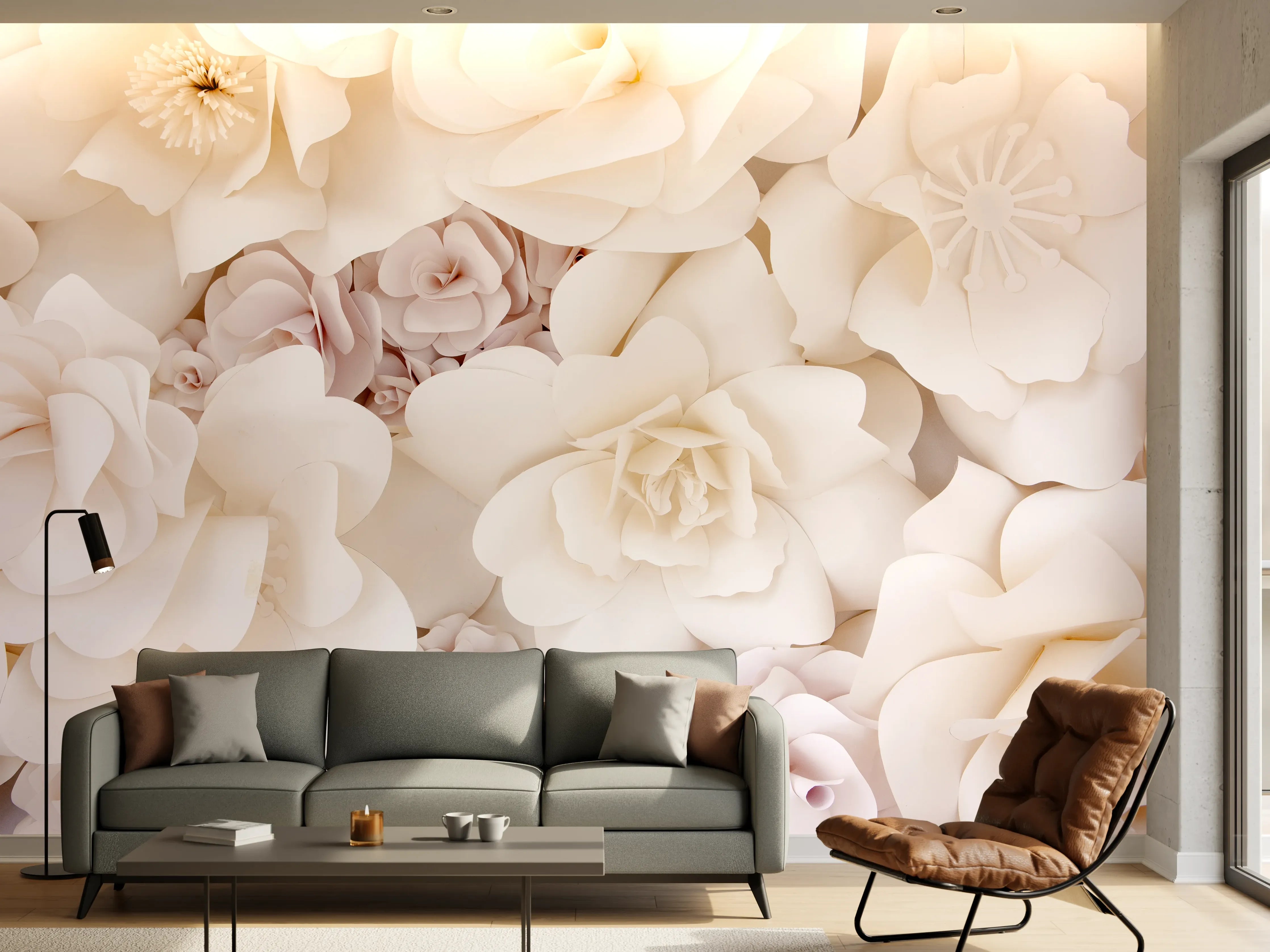 Wandverkleidung Wohnzimmer - Elegant weiße Blumenmuster