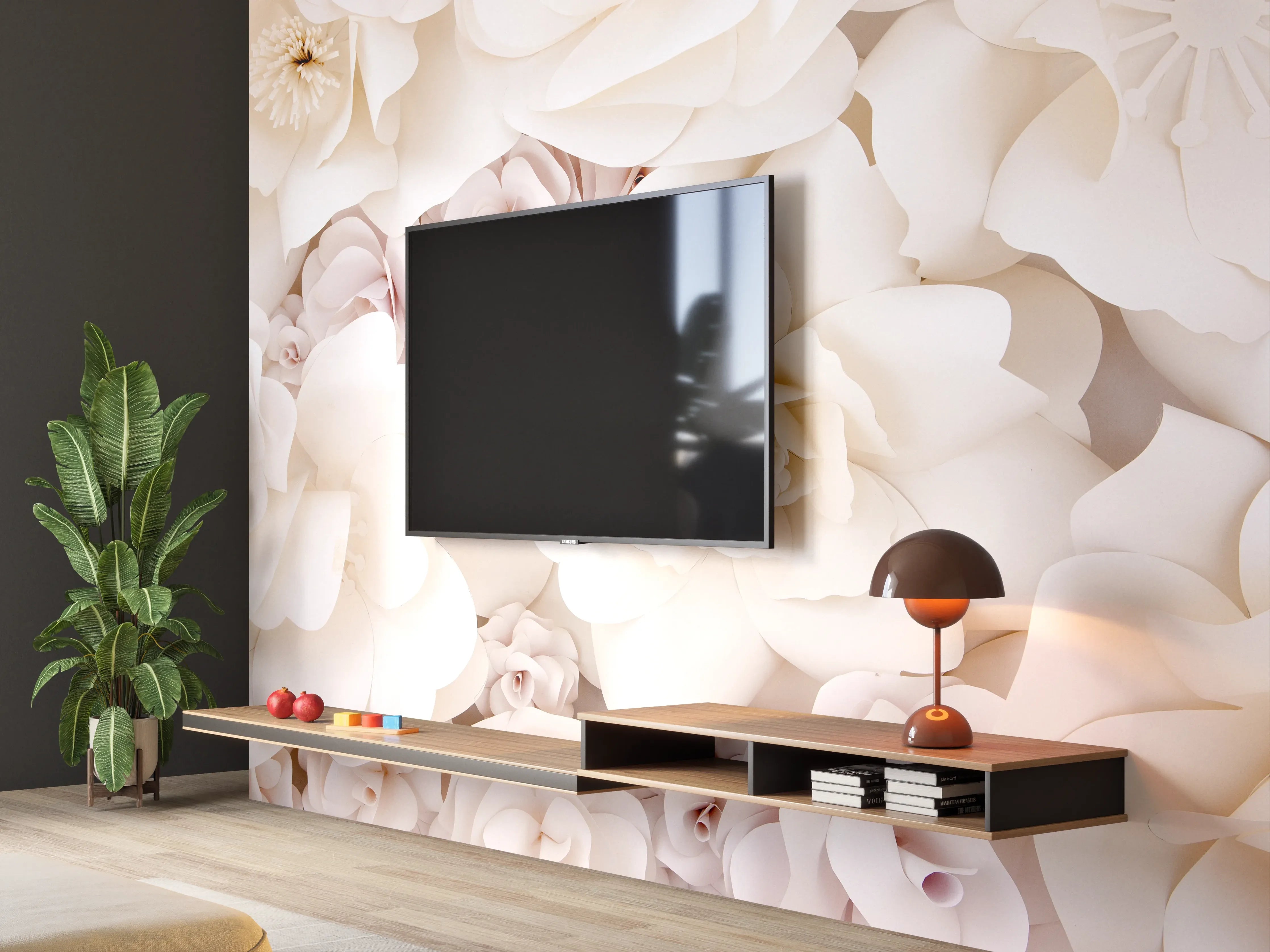 Wandverkleidung Wohnzimmer - Elegant weiße Blumenmuster