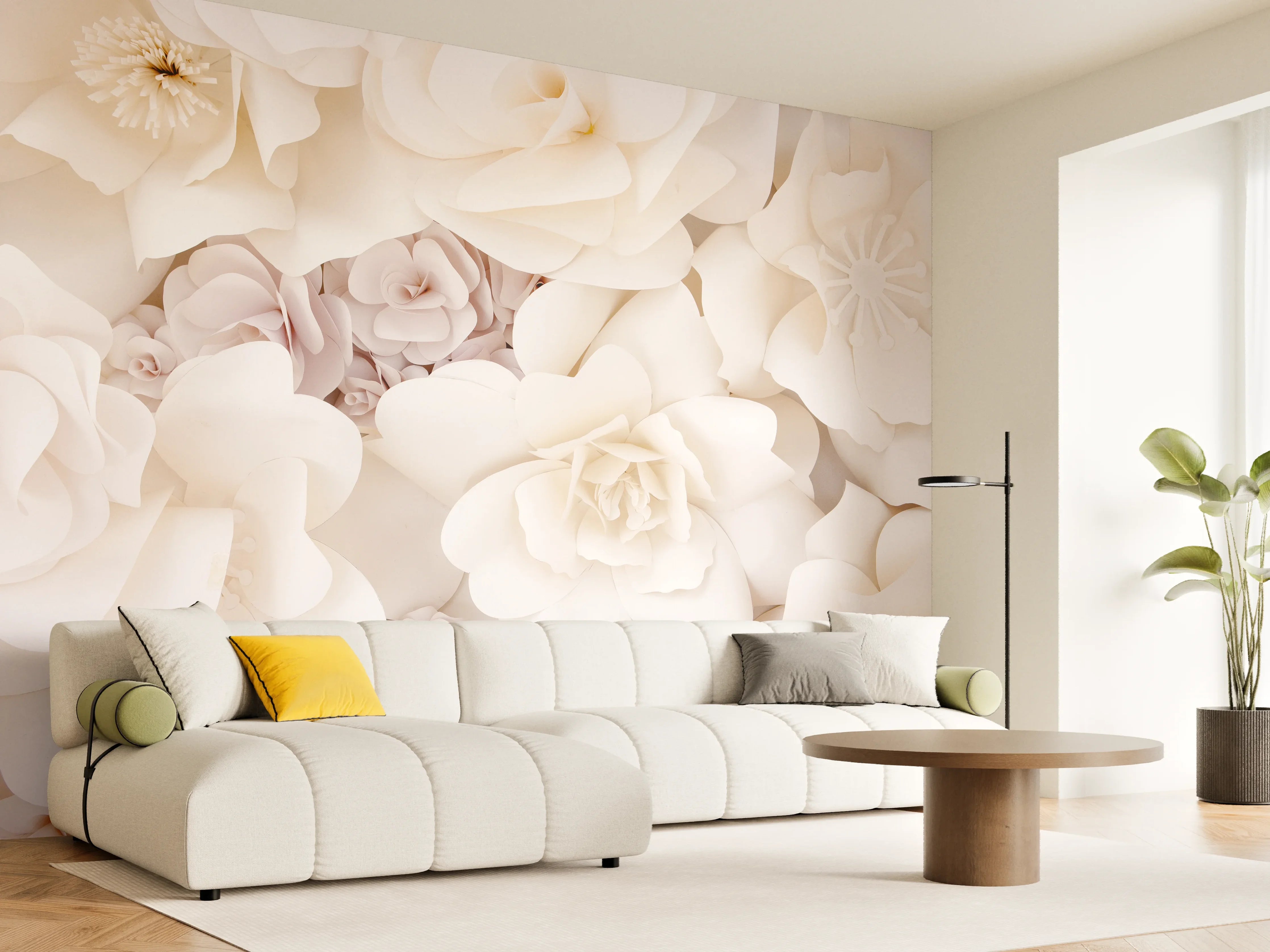 Wandverkleidung Wohnzimmer - Elegant weiße Blumenmuster