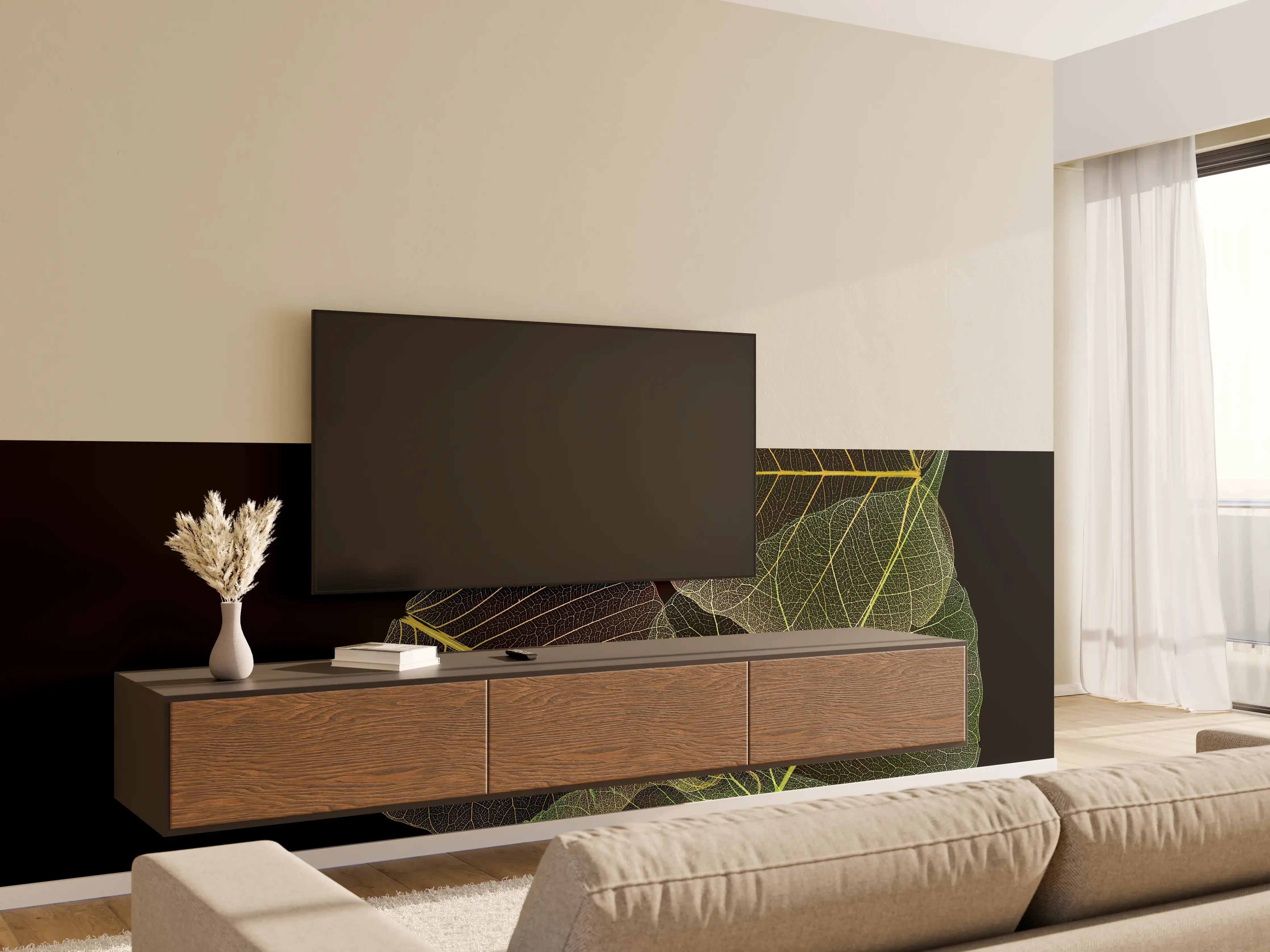 Wandverkleidung Wohnzimmer - Elegante Blätter auf schwarzem Hintergrund