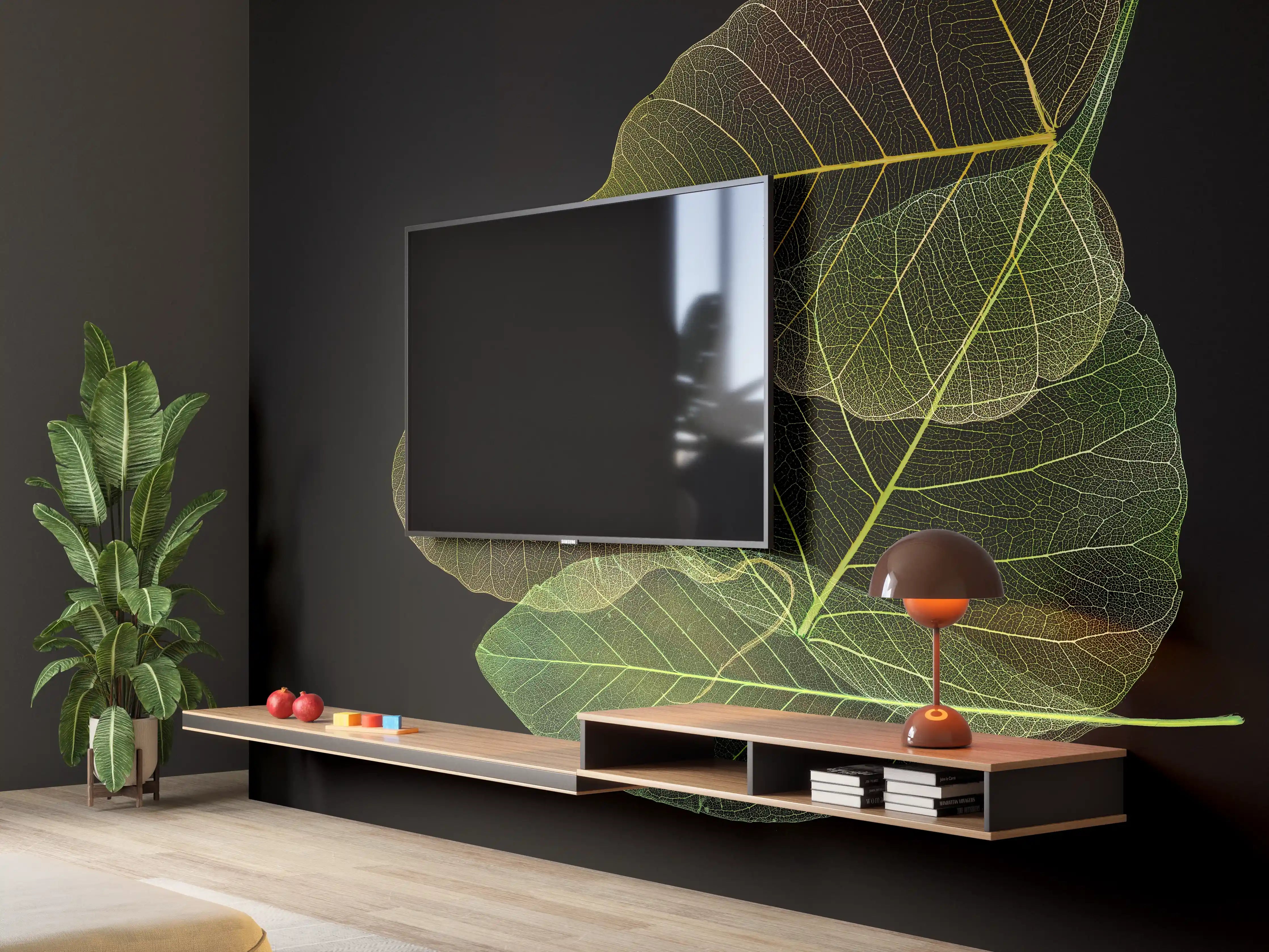 Wandverkleidung Wohnzimmer - Elegante Blätter auf schwarzem Hintergrund