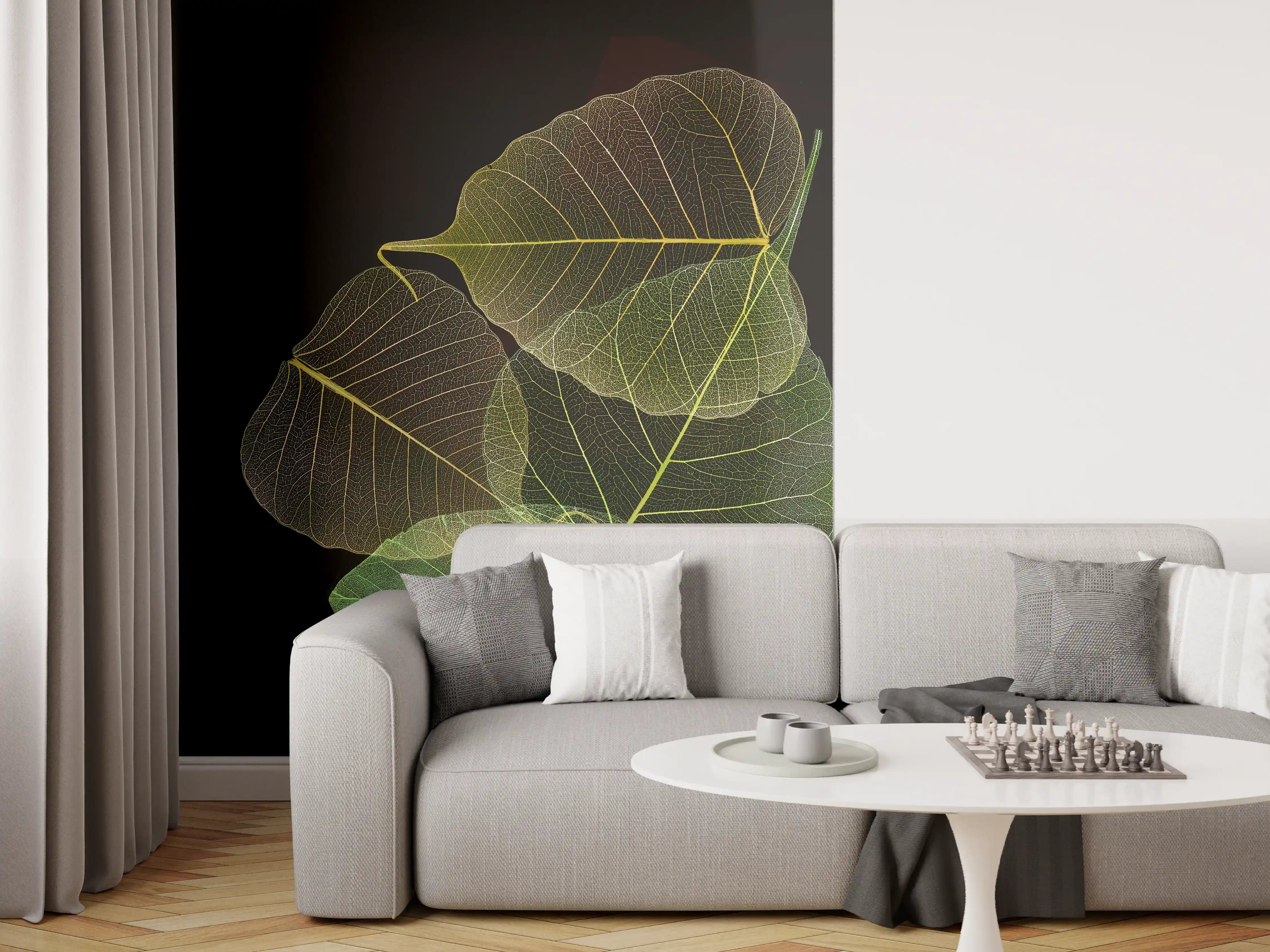 Wandverkleidung Wohnzimmer - Elegante Blätter auf schwarzem Hintergrund
