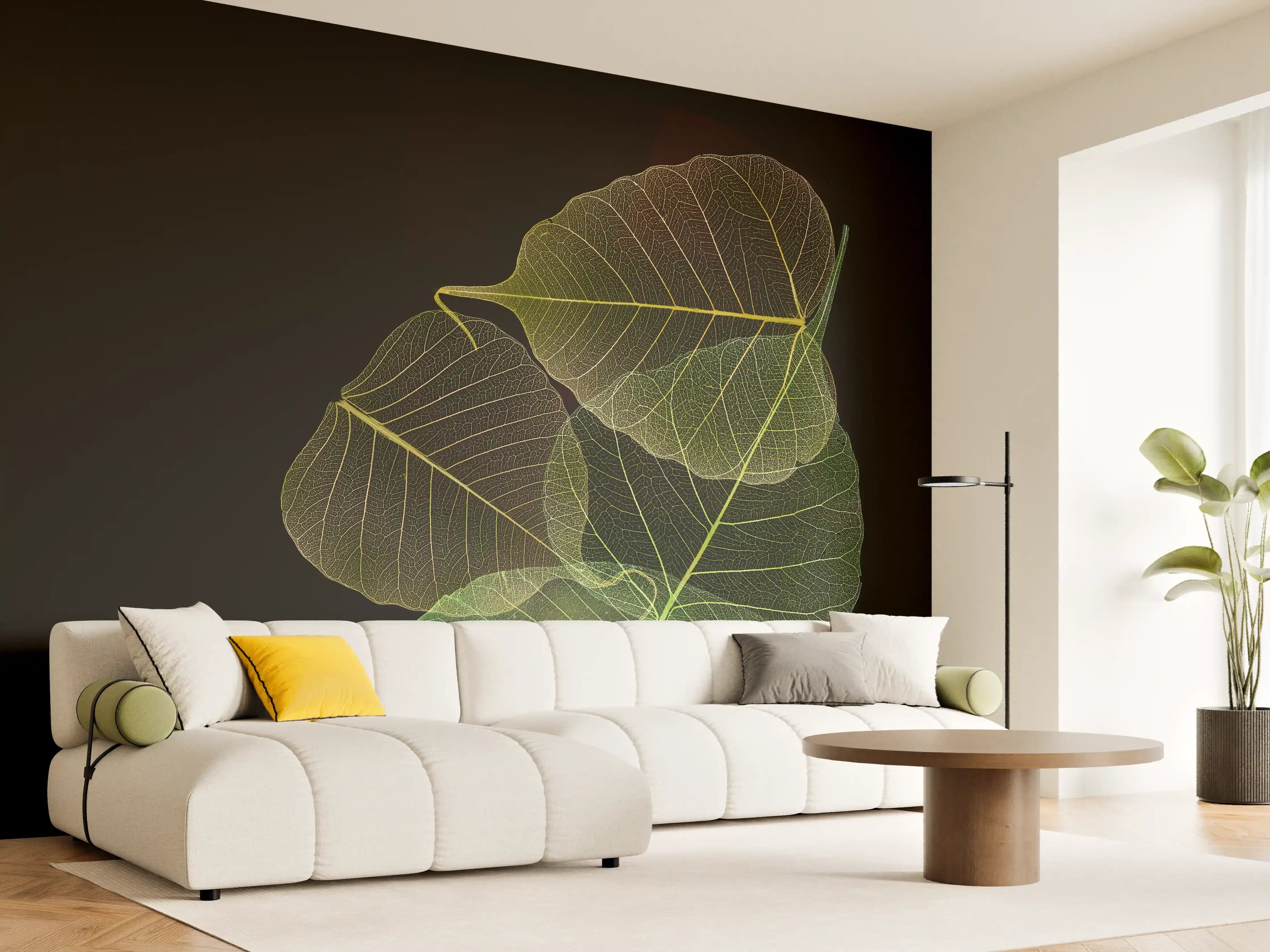 Wandverkleidung Wohnzimmer - Elegante Blätter auf schwarzem Hintergrund