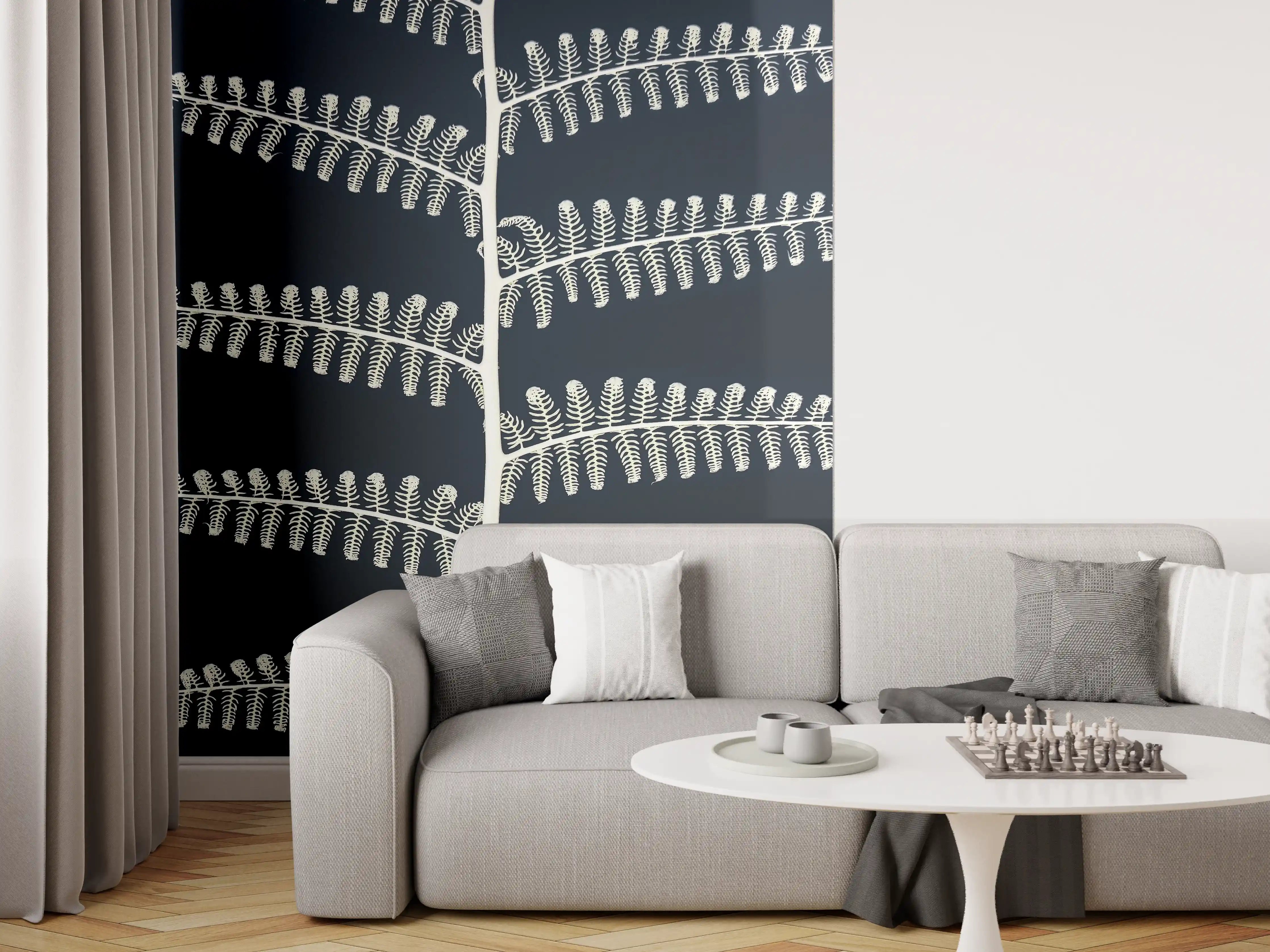 Wandverkleidung Wohnzimmer - Elegante Blätterpflanze auf dunklem Hintergrund