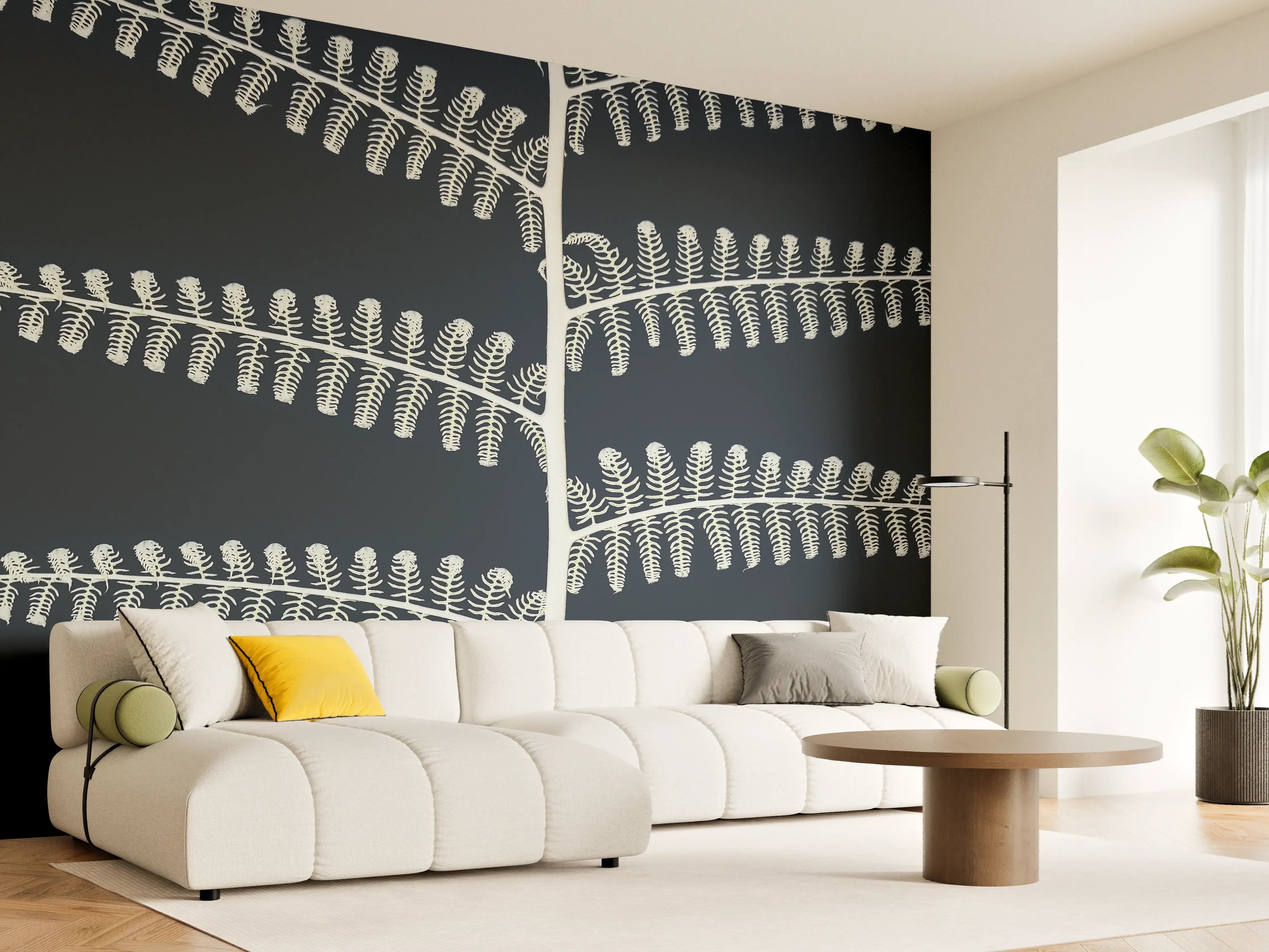 Wandverkleidung Wohnzimmer - Elegante Blätterpflanze auf dunklem Hintergrund