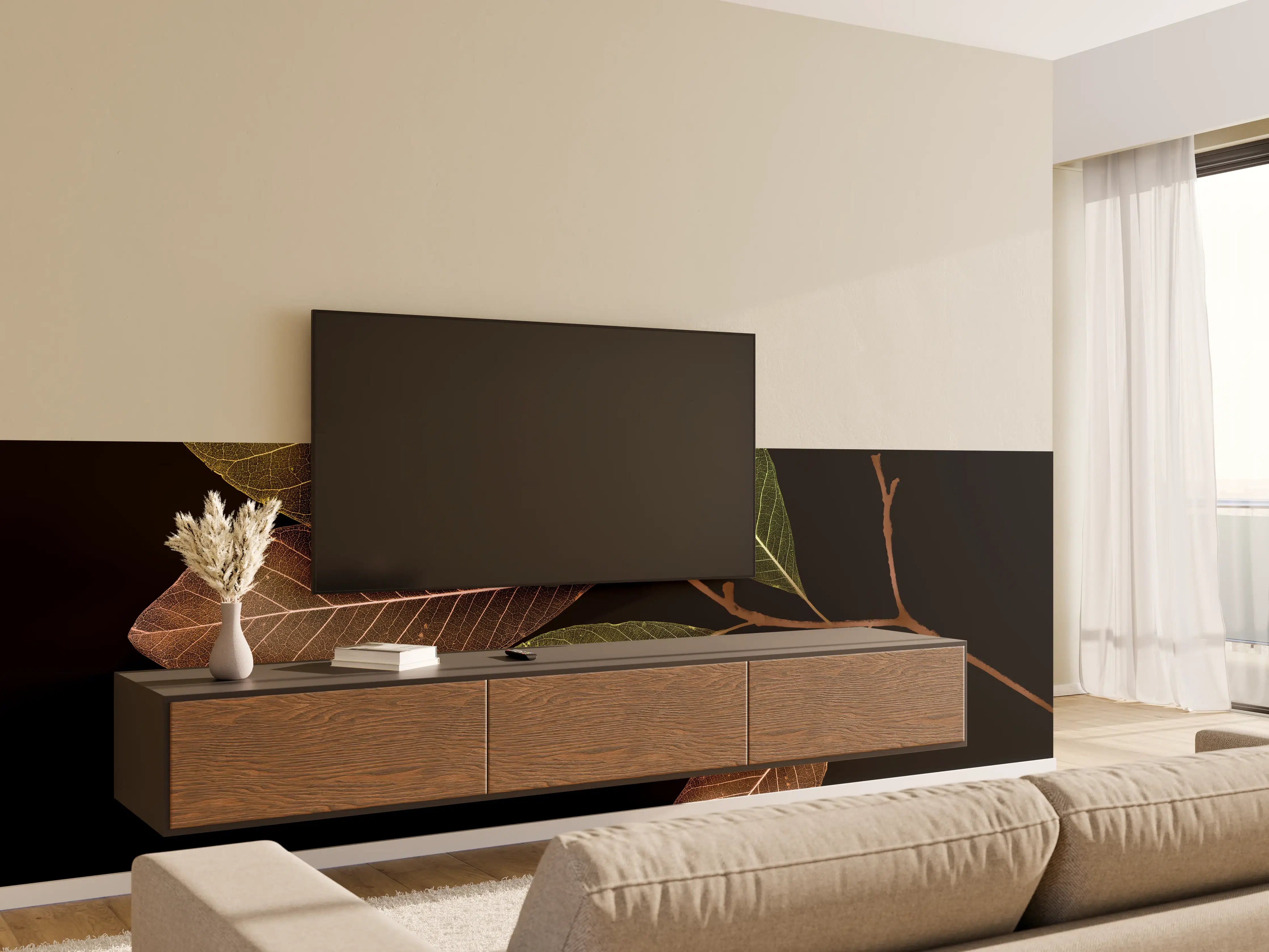 Wandverkleidung Wohnzimmer - Elegante Blattkomposition auf Schwarz