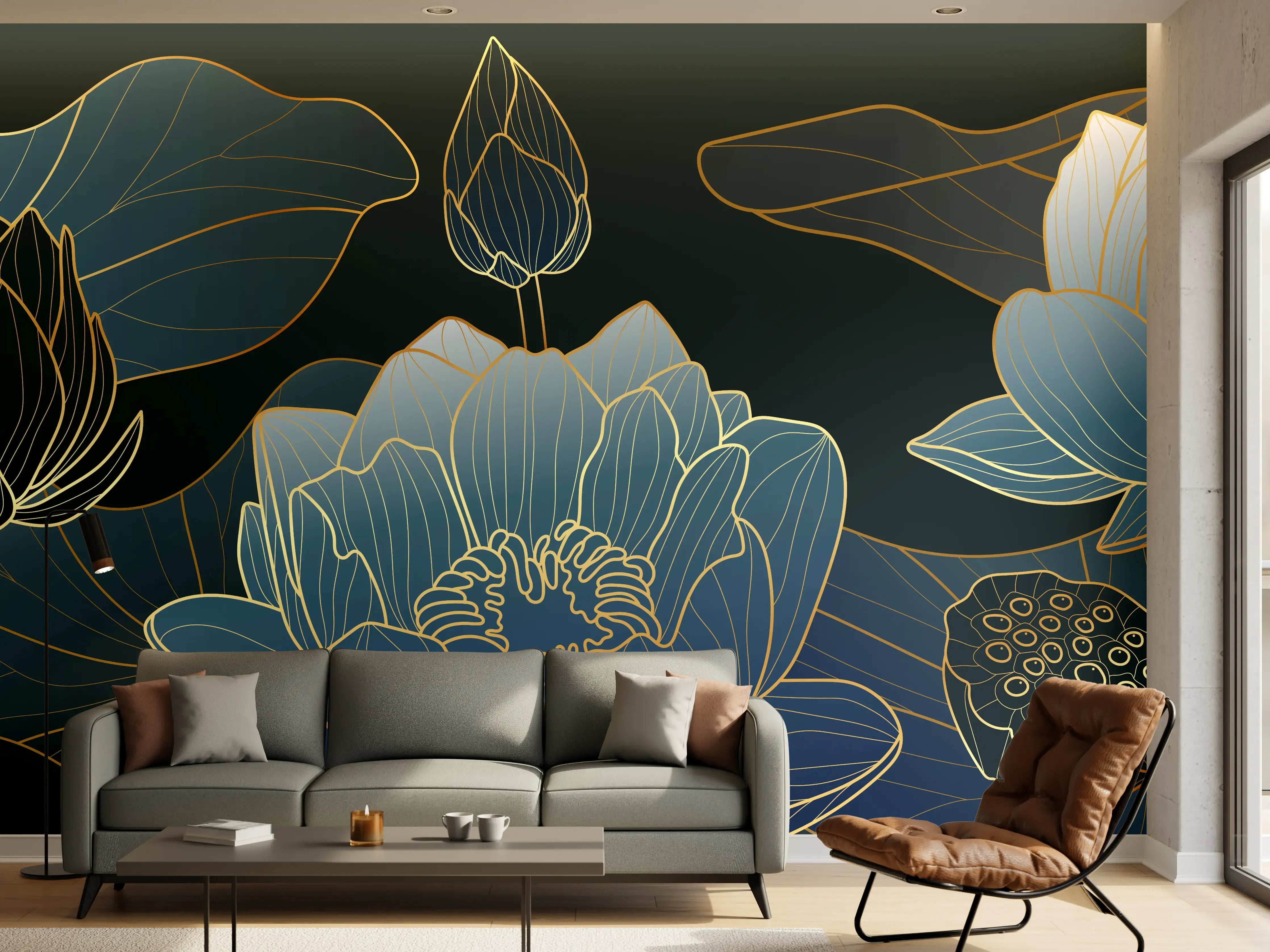 Wandverkleidung Wohnzimmer - Elegante Blau-Weiße Blumenillustration