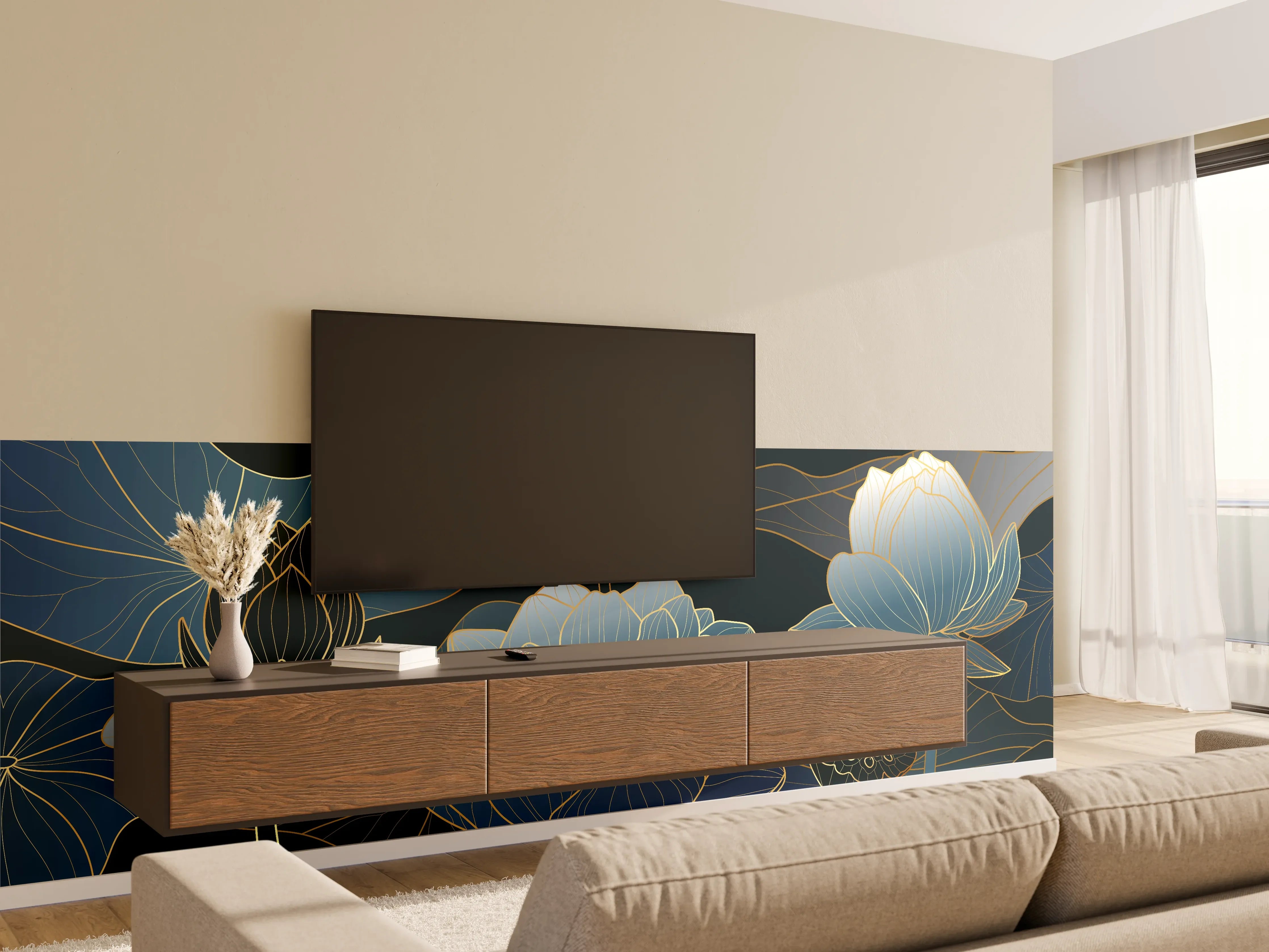 Wandverkleidung Wohnzimmer - Elegante Blau-Weiße Blumenillustration