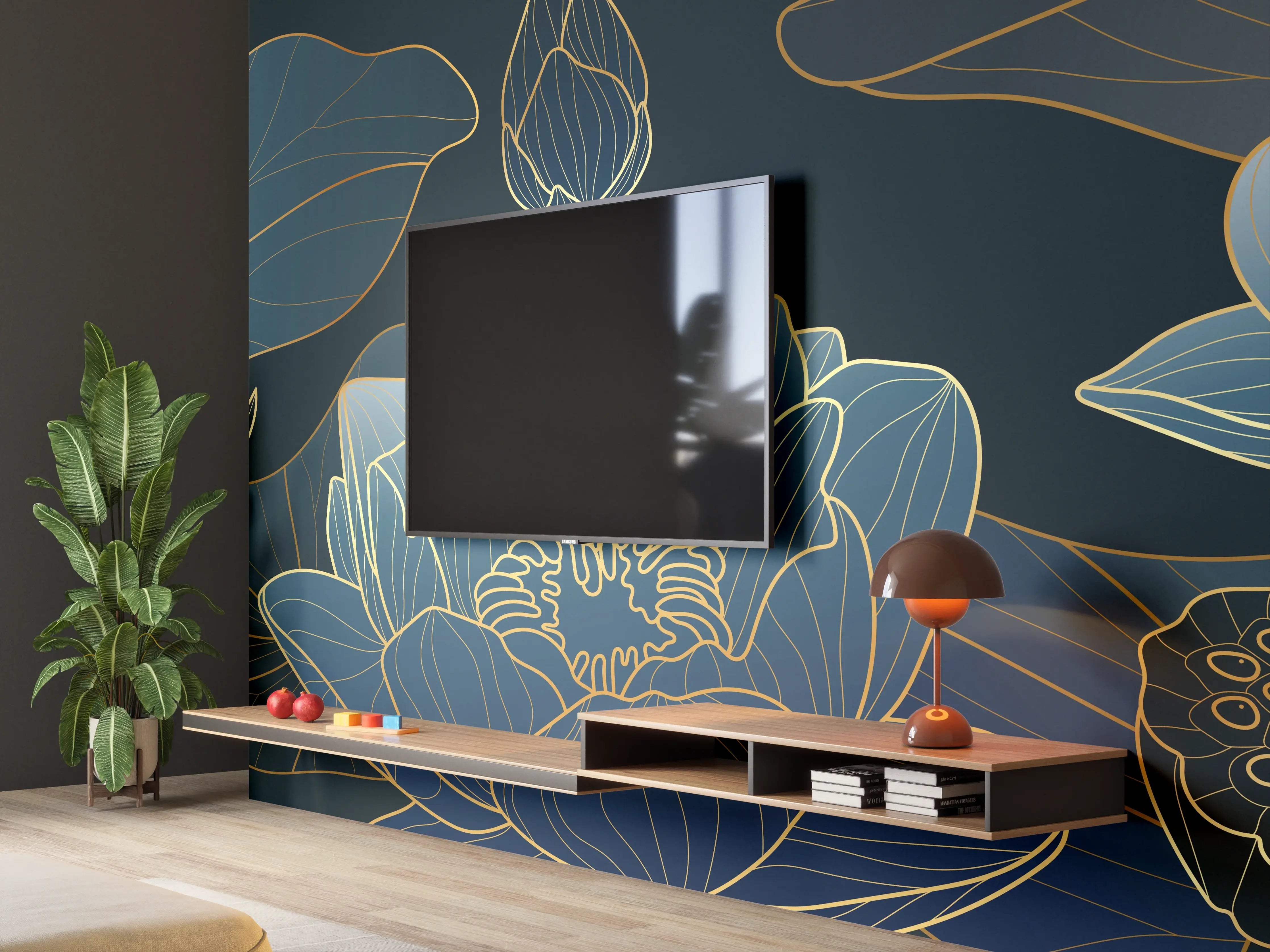 Wandverkleidung Wohnzimmer - Elegante Blau-Weiße Blumenillustration