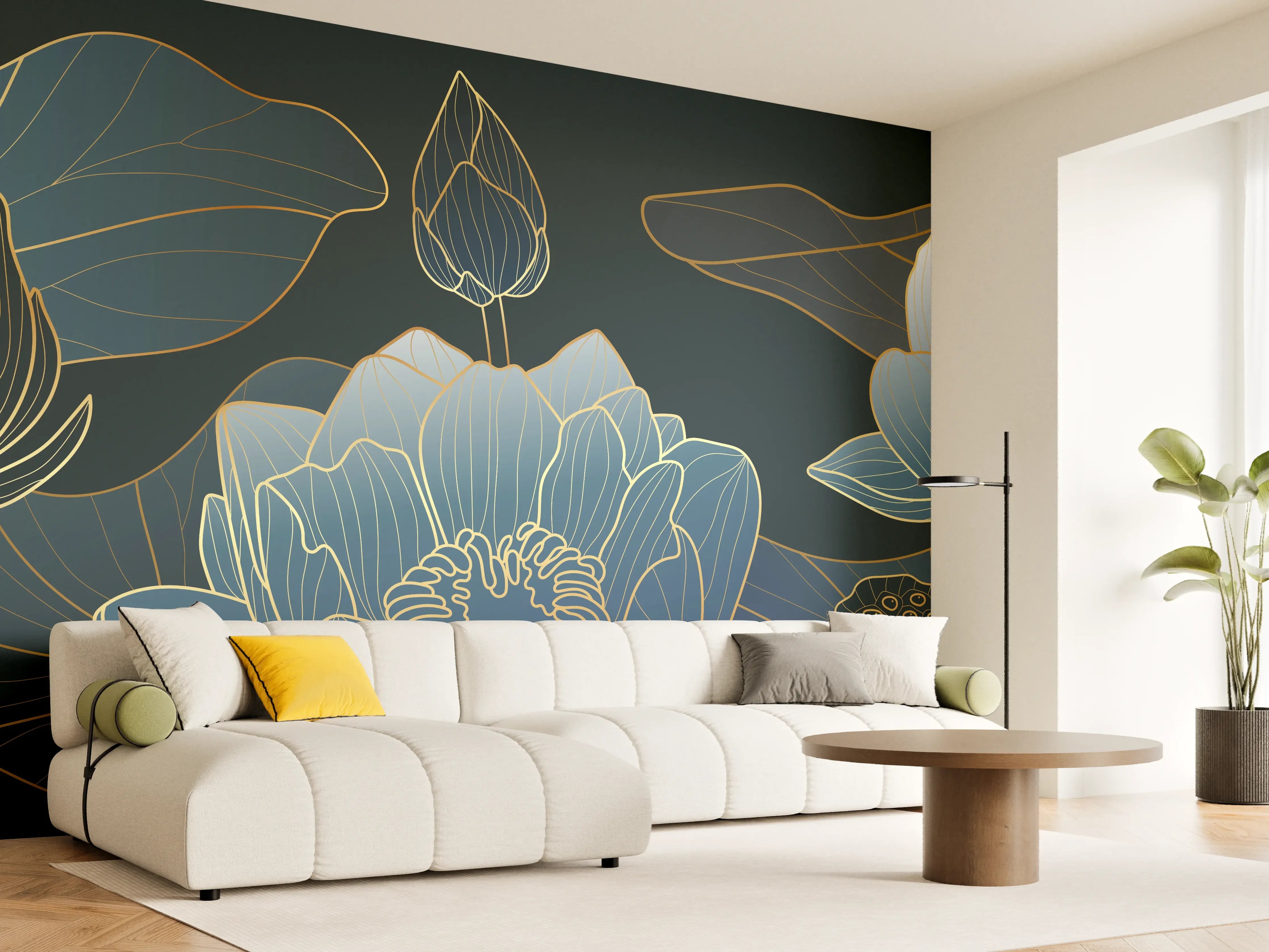 Wandverkleidung Wohnzimmer - Elegante Blau-Weiße Blumenillustration