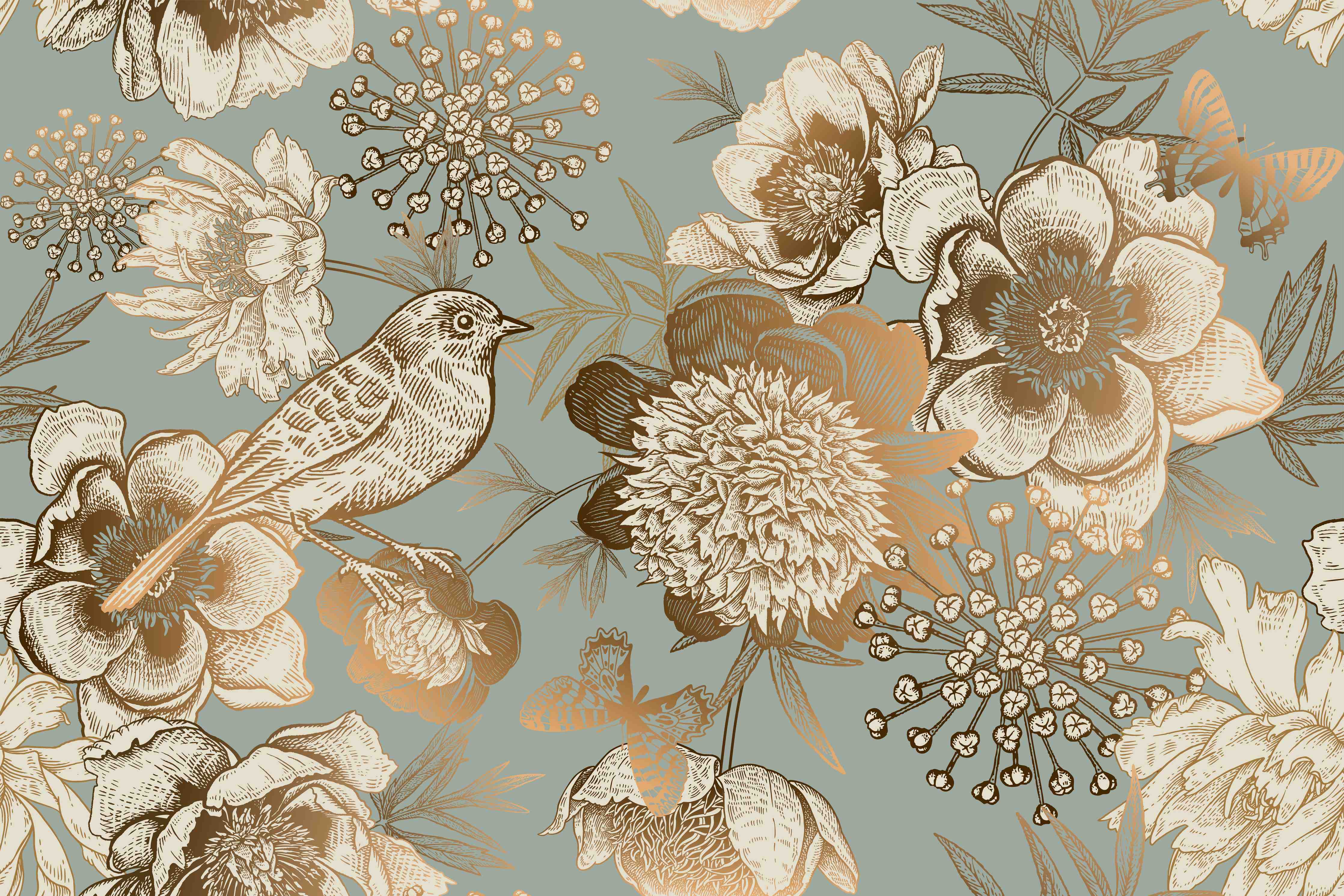 Wandverkleidung Wohnzimmer-Elegante Blumen- und Vogelillustration