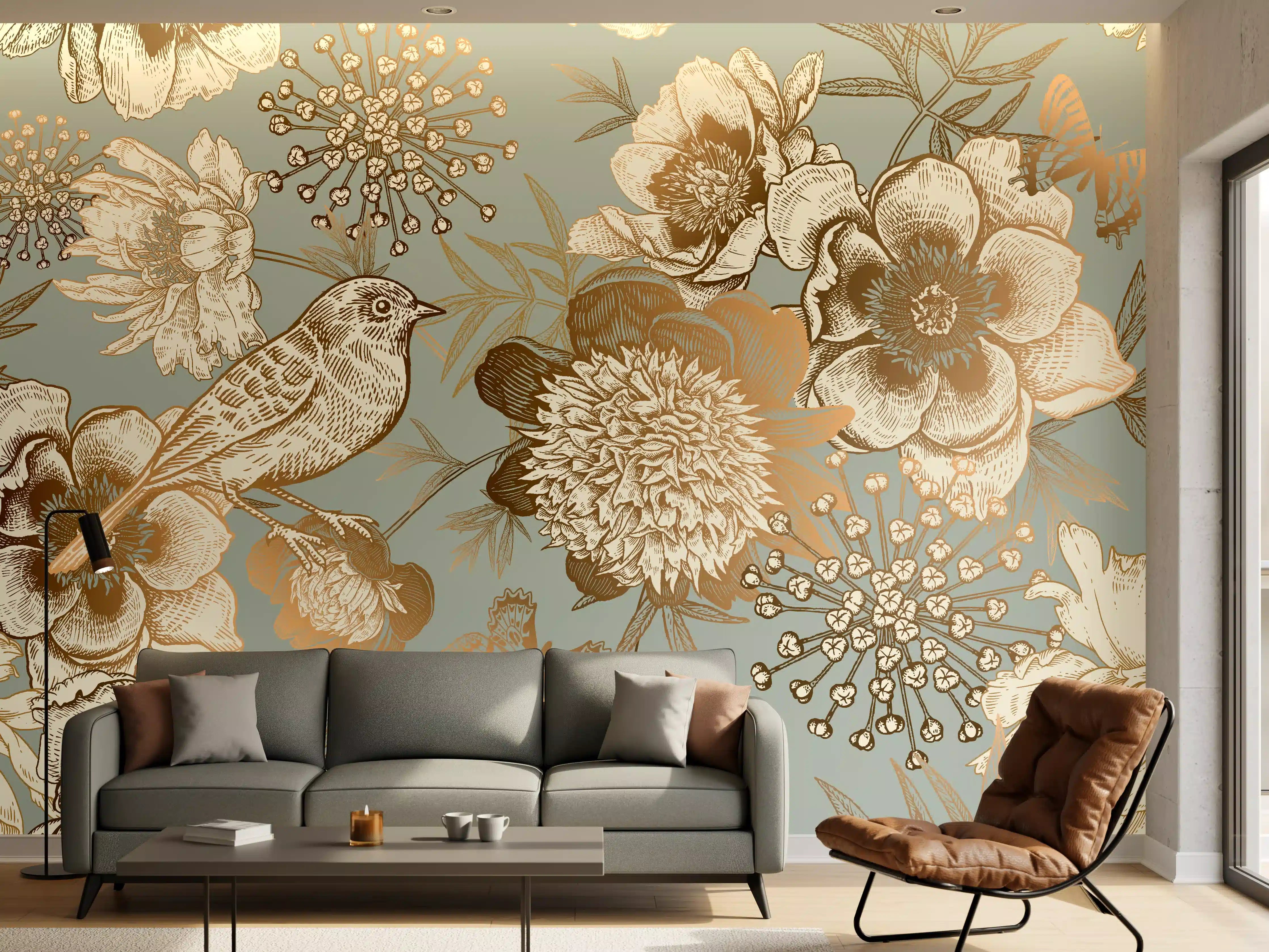 Wandverkleidung Wohnzimmer - Elegante Blumen- und Vogelillustration
