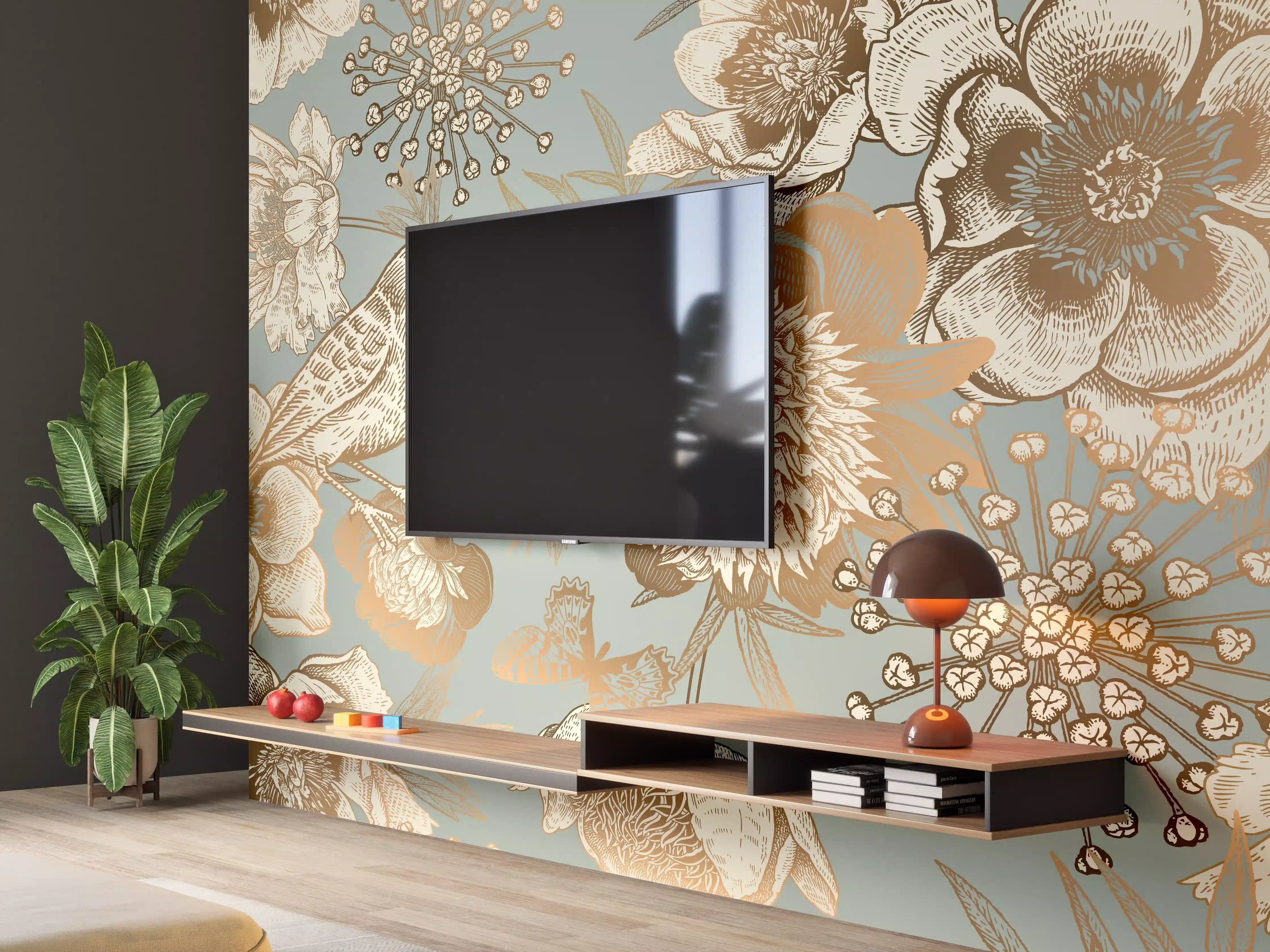 Wandverkleidung Wohnzimmer - Elegante Blumen- und Vogelillustration