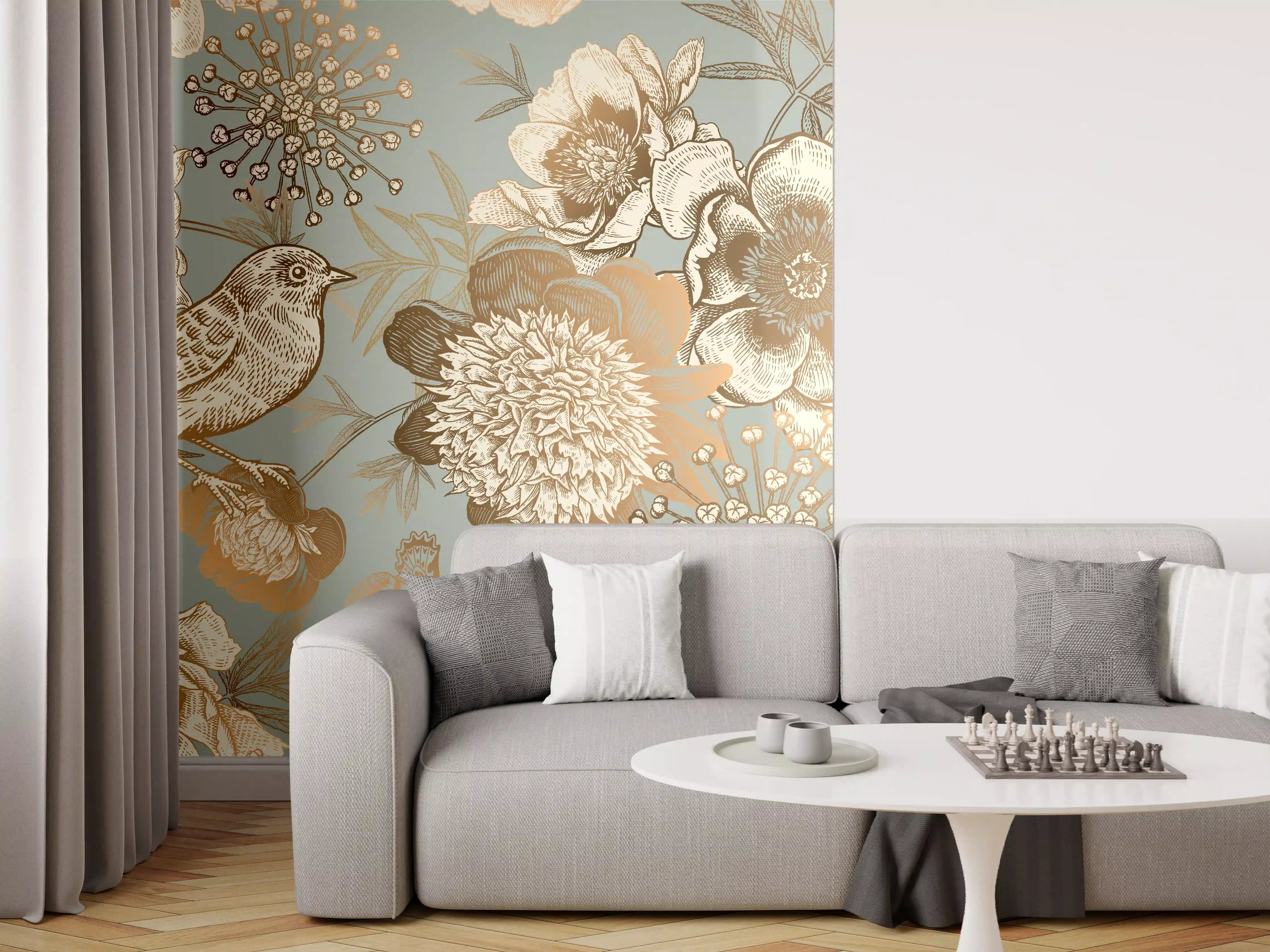 Wandverkleidung Wohnzimmer - Elegante Blumen- und Vogelillustration