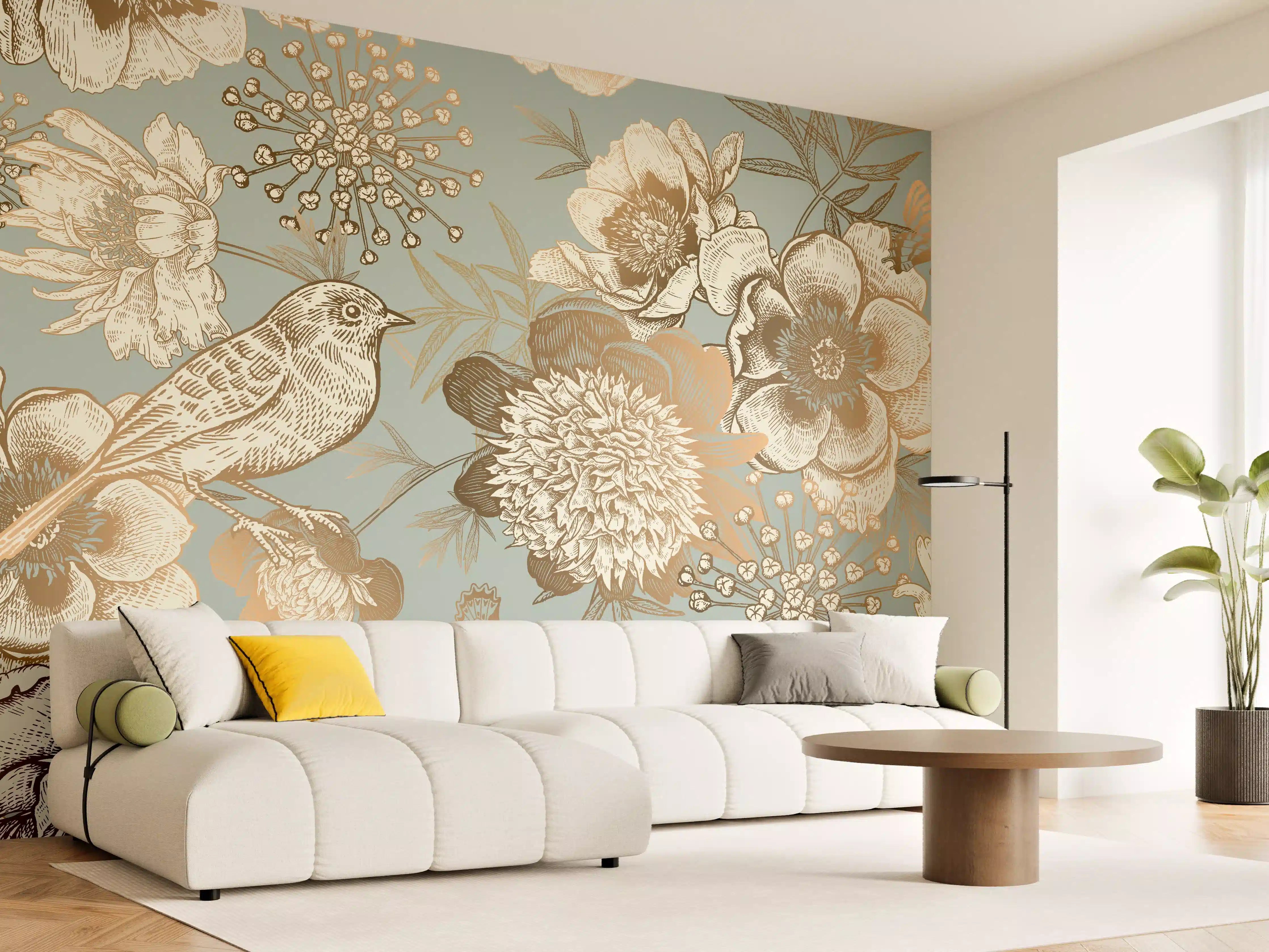 Wandverkleidung Wohnzimmer - Elegante Blumen- und Vogelillustration