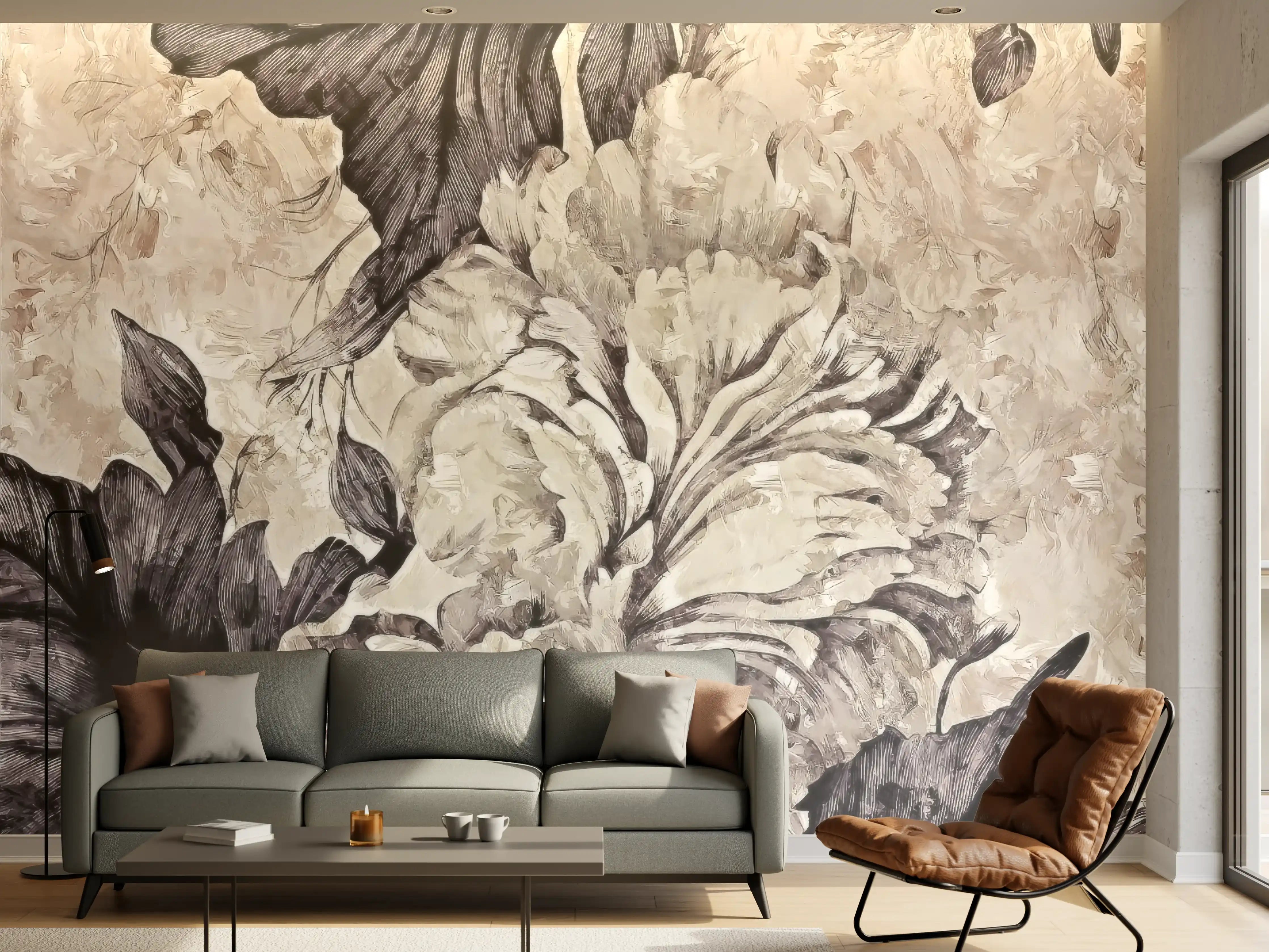 Wandverkleidung Wohnzimmer - Elegante Blumen im Vintage-Stil
