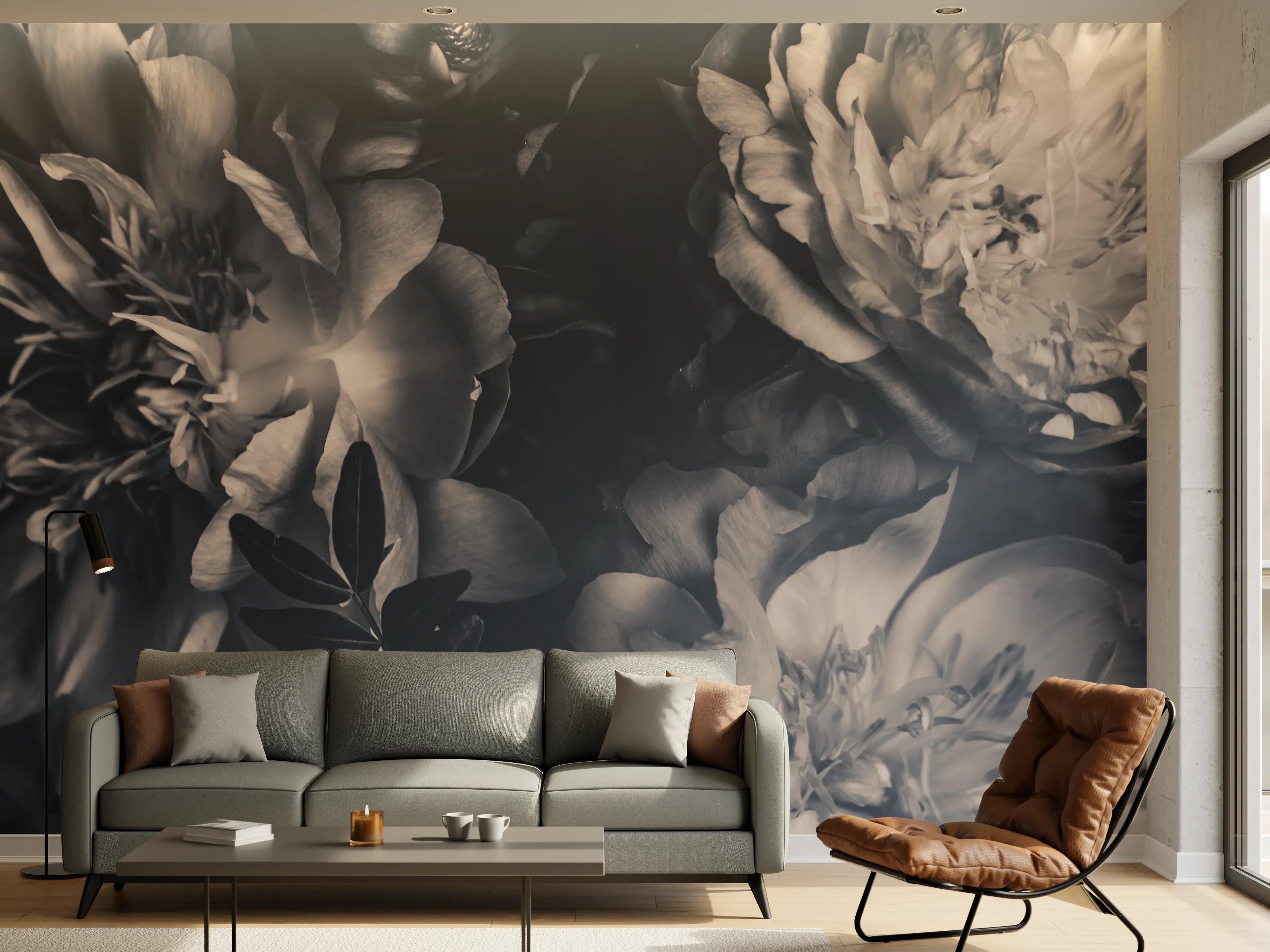 Wandverkleidung Wohnzimmer - Elegante Blumen in Grautönen