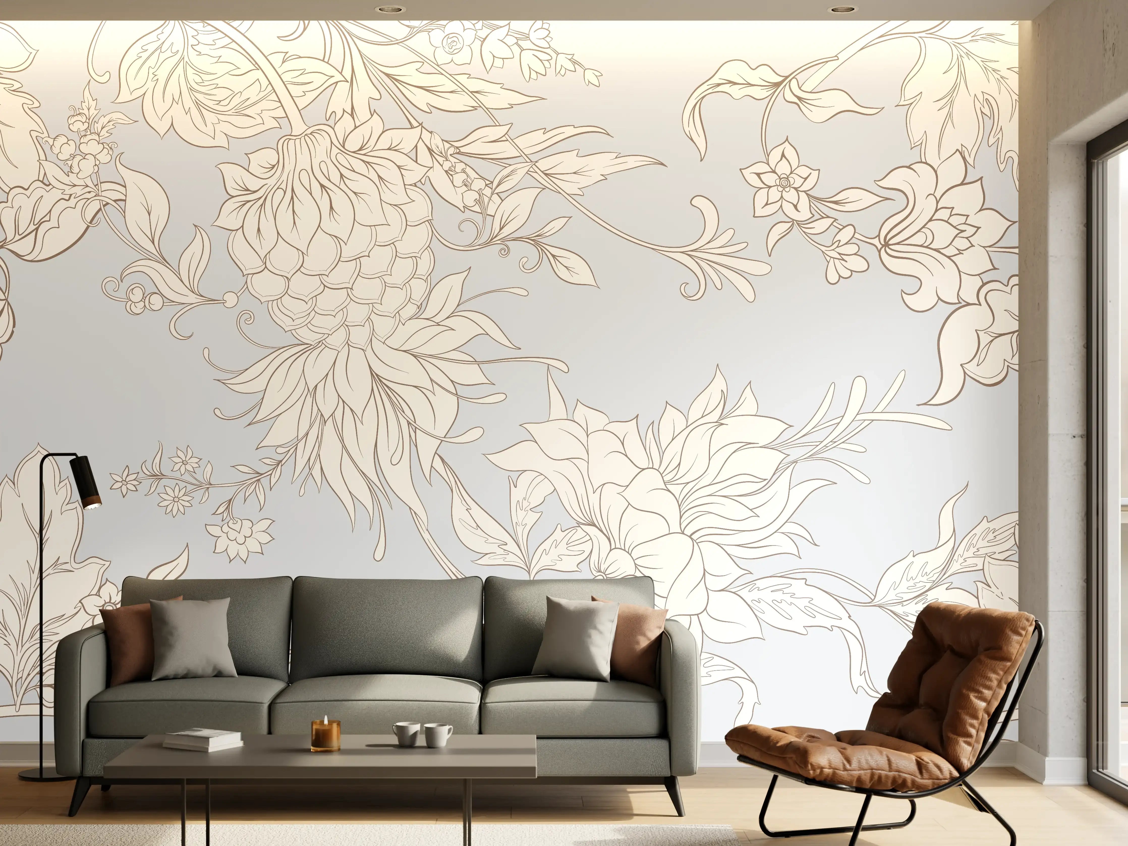 Wandverkleidung Wohnzimmer - Elegante Blumendekoration in Pastell