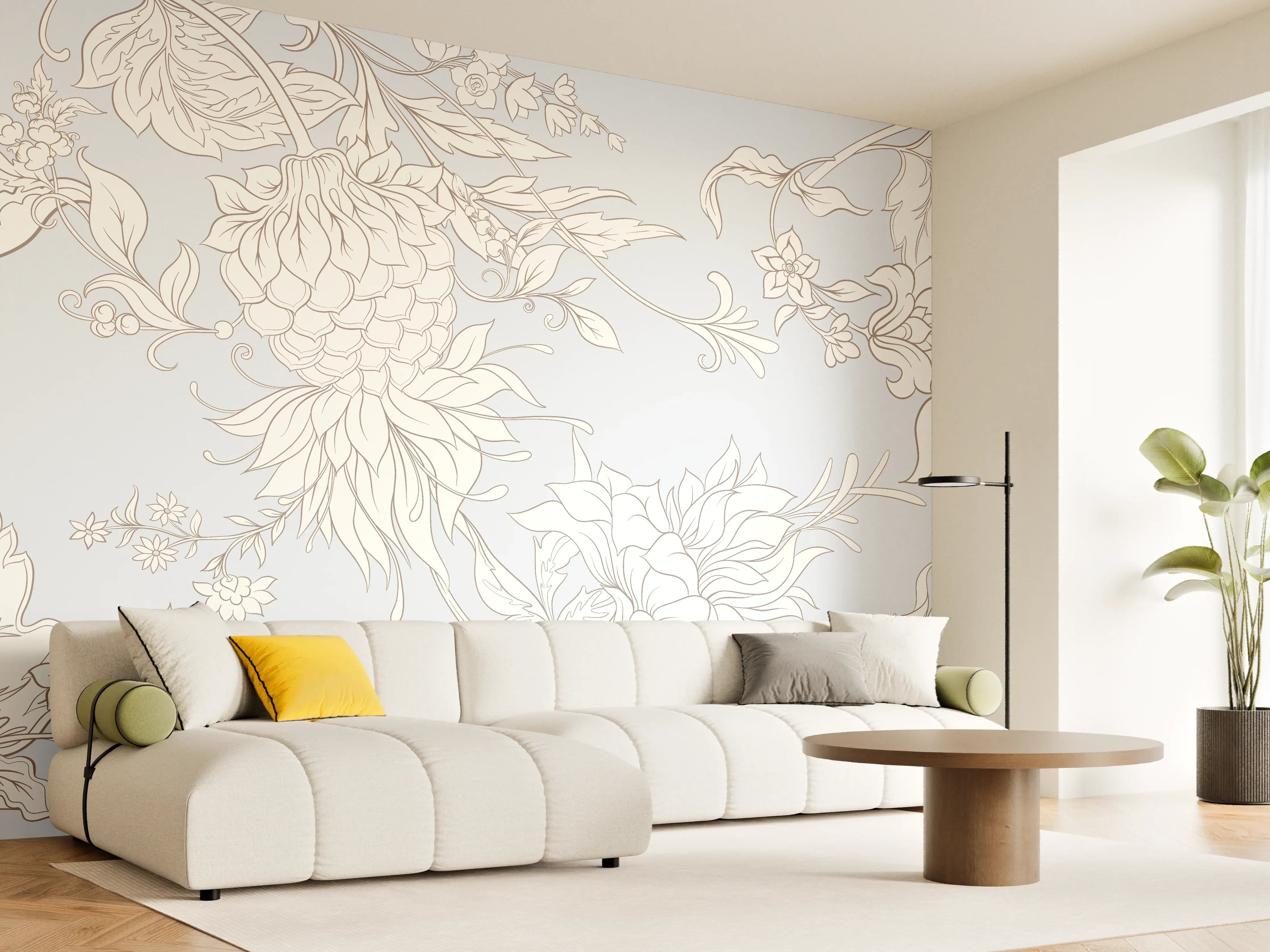 Wandverkleidung Wohnzimmer - Elegante Blumendekoration in Pastell