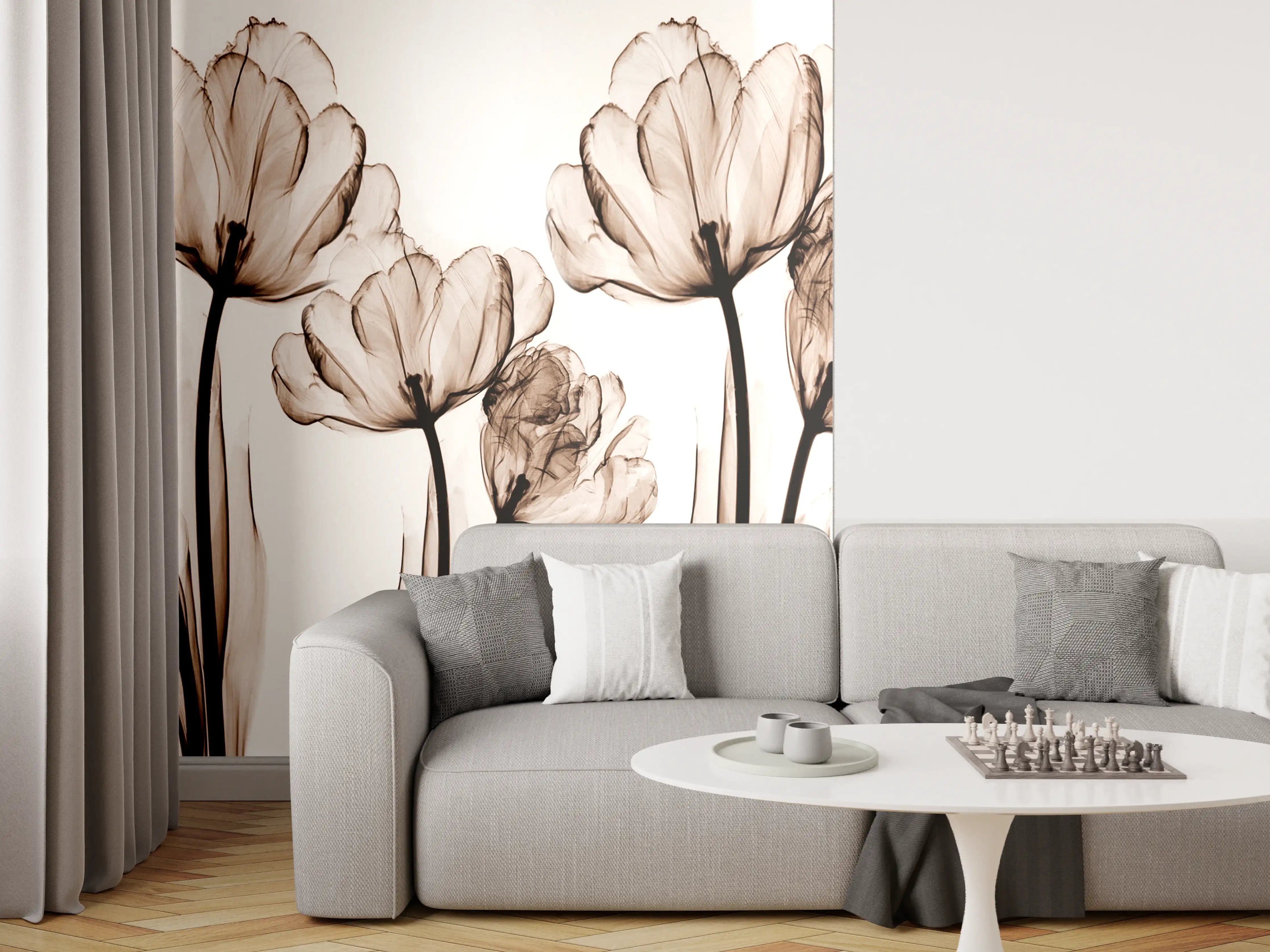 Wandverkleidung Wohnzimmer - Elegante Blumendekoration in Sepia-Tönen