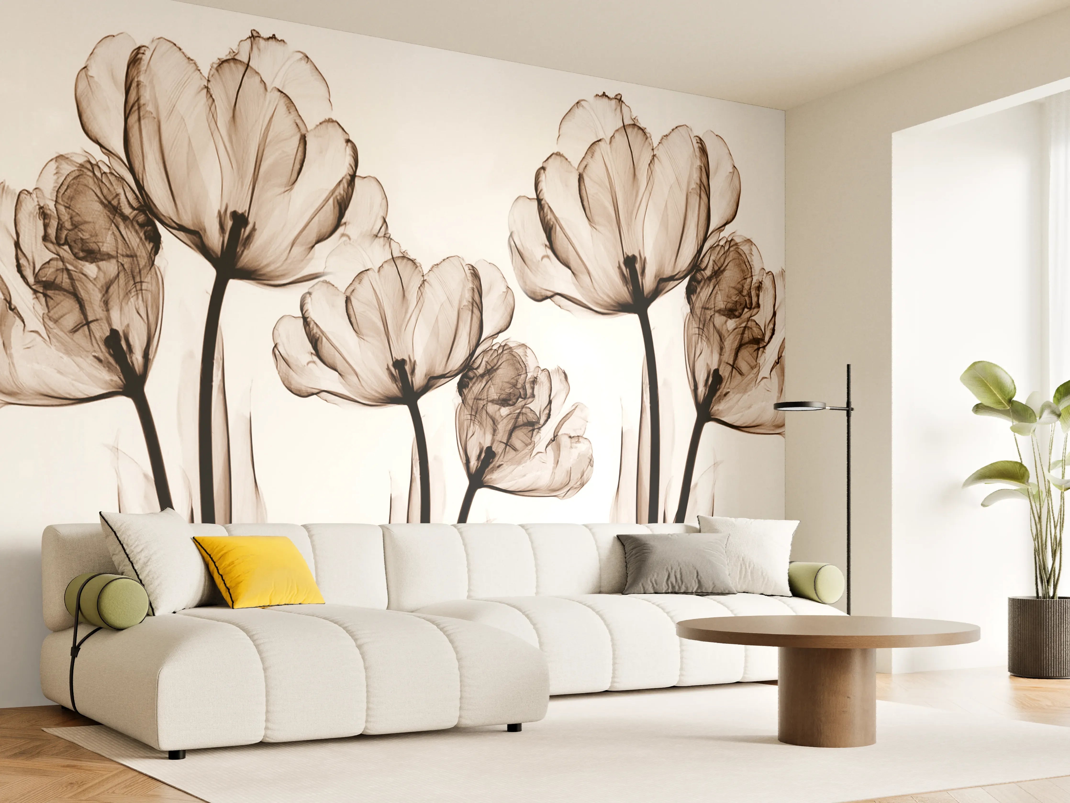 Wandverkleidung Wohnzimmer - Elegante Blumendekoration in Sepia-Tönen