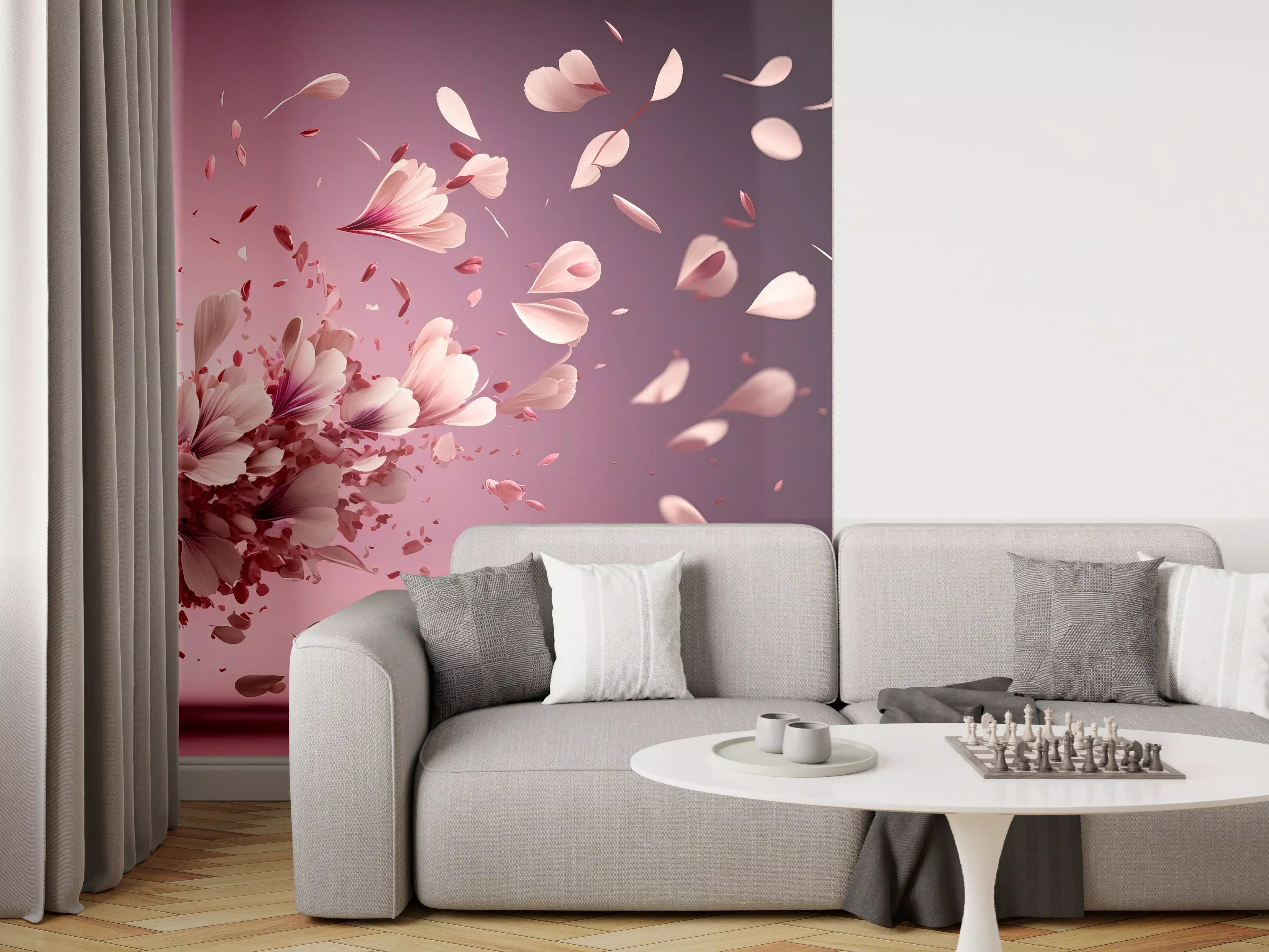 Wandverkleidung Wohnzimmer - Elegante Blumenexplosion auf rosa Hintergrund