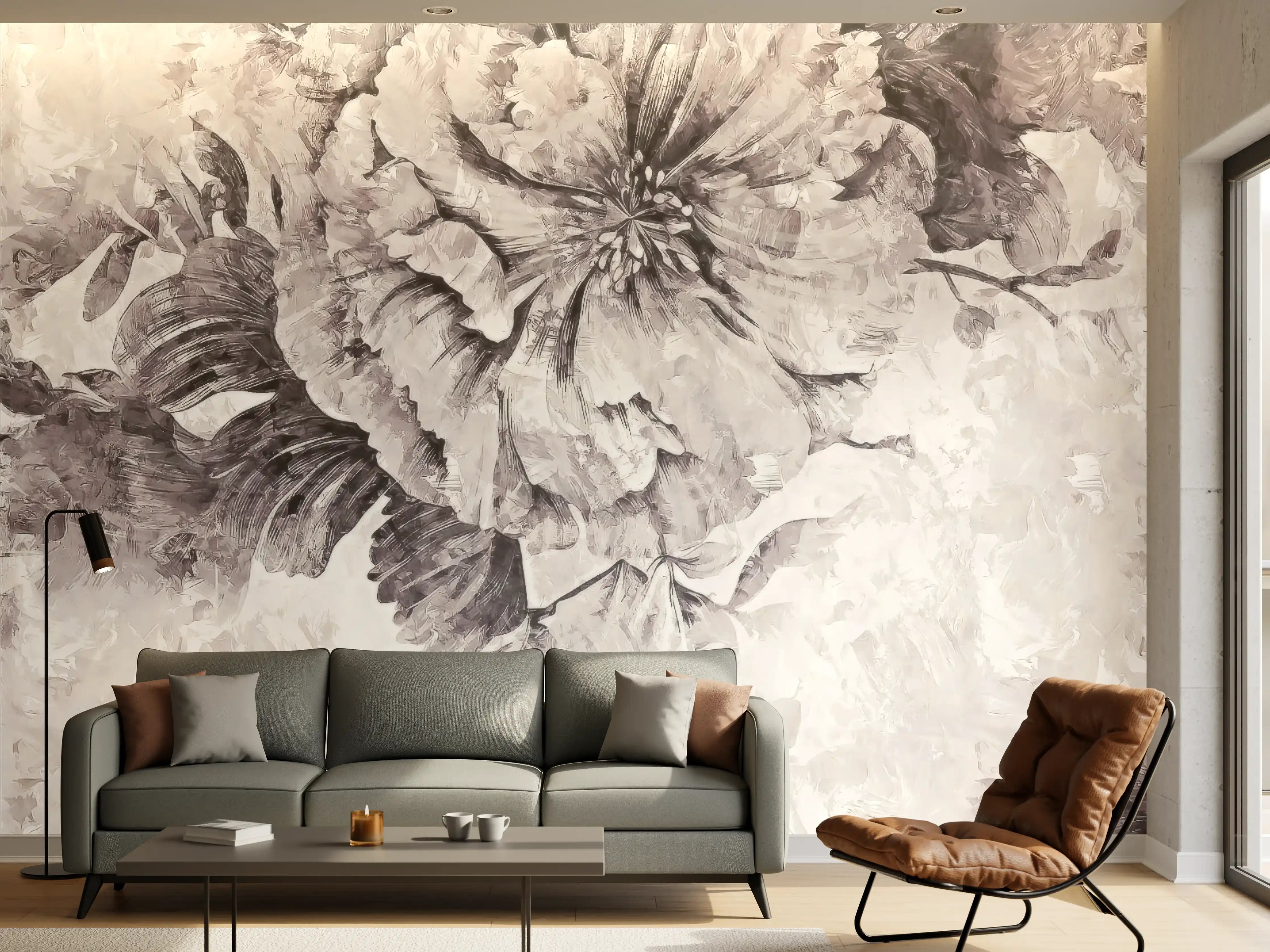 Wandverkleidung Wohnzimmer - Elegante Blumenmalerei in Grau