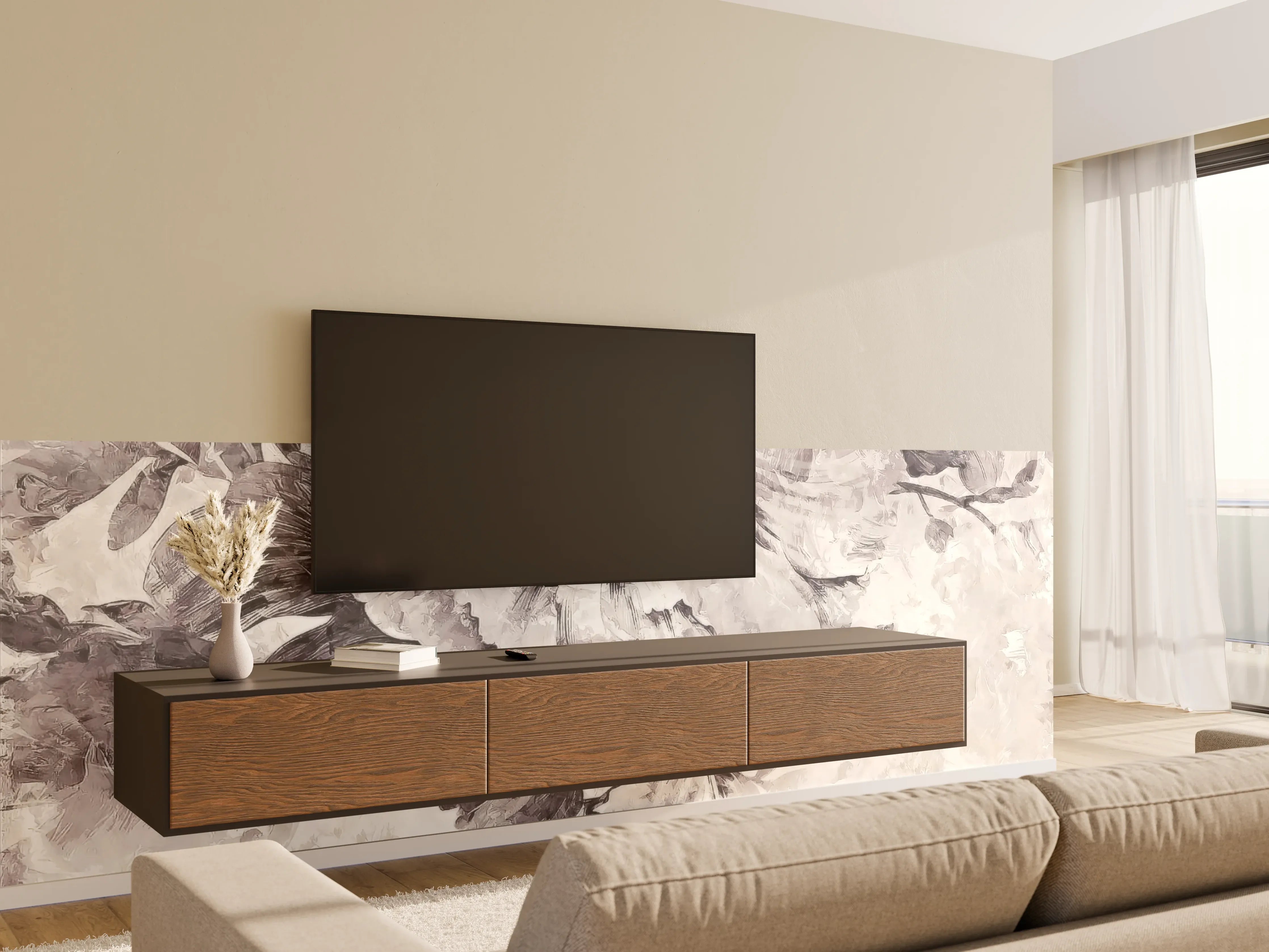 Wandverkleidung Wohnzimmer - Elegante Blumenmalerei in Grau
