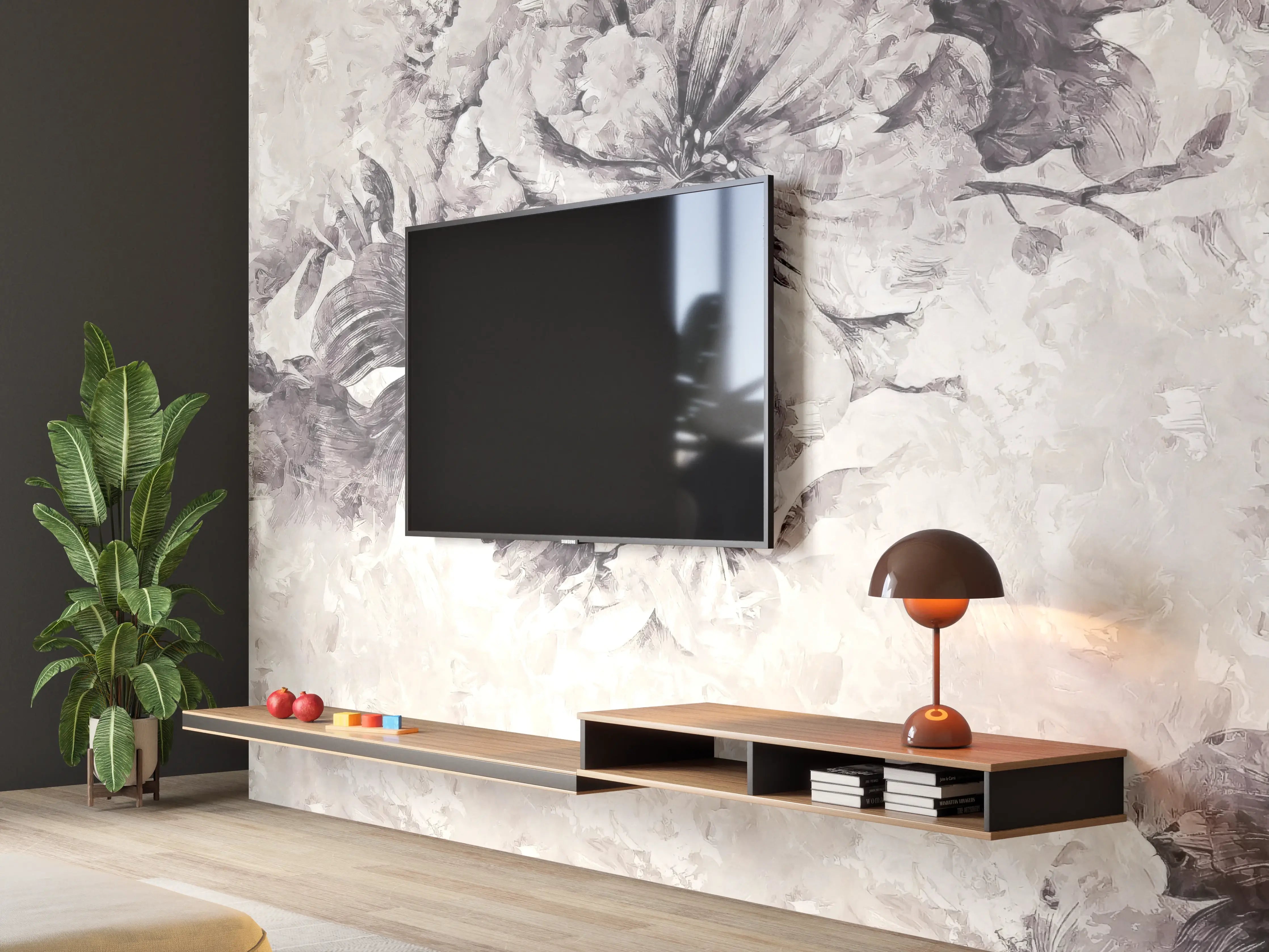Wandverkleidung Wohnzimmer - Elegante Blumenmalerei in Grau