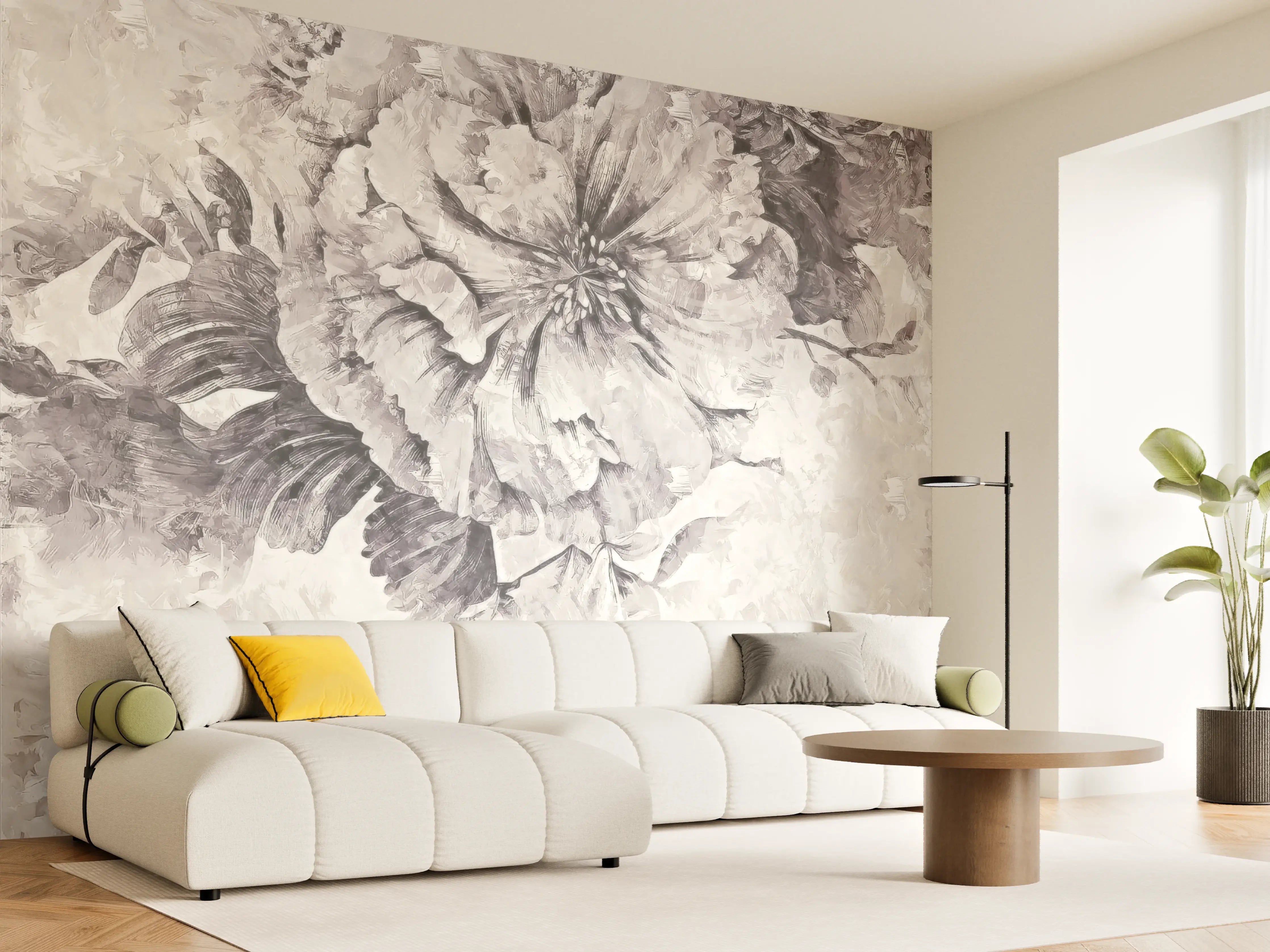 Wandverkleidung Wohnzimmer - Elegante Blumenmalerei in Grau