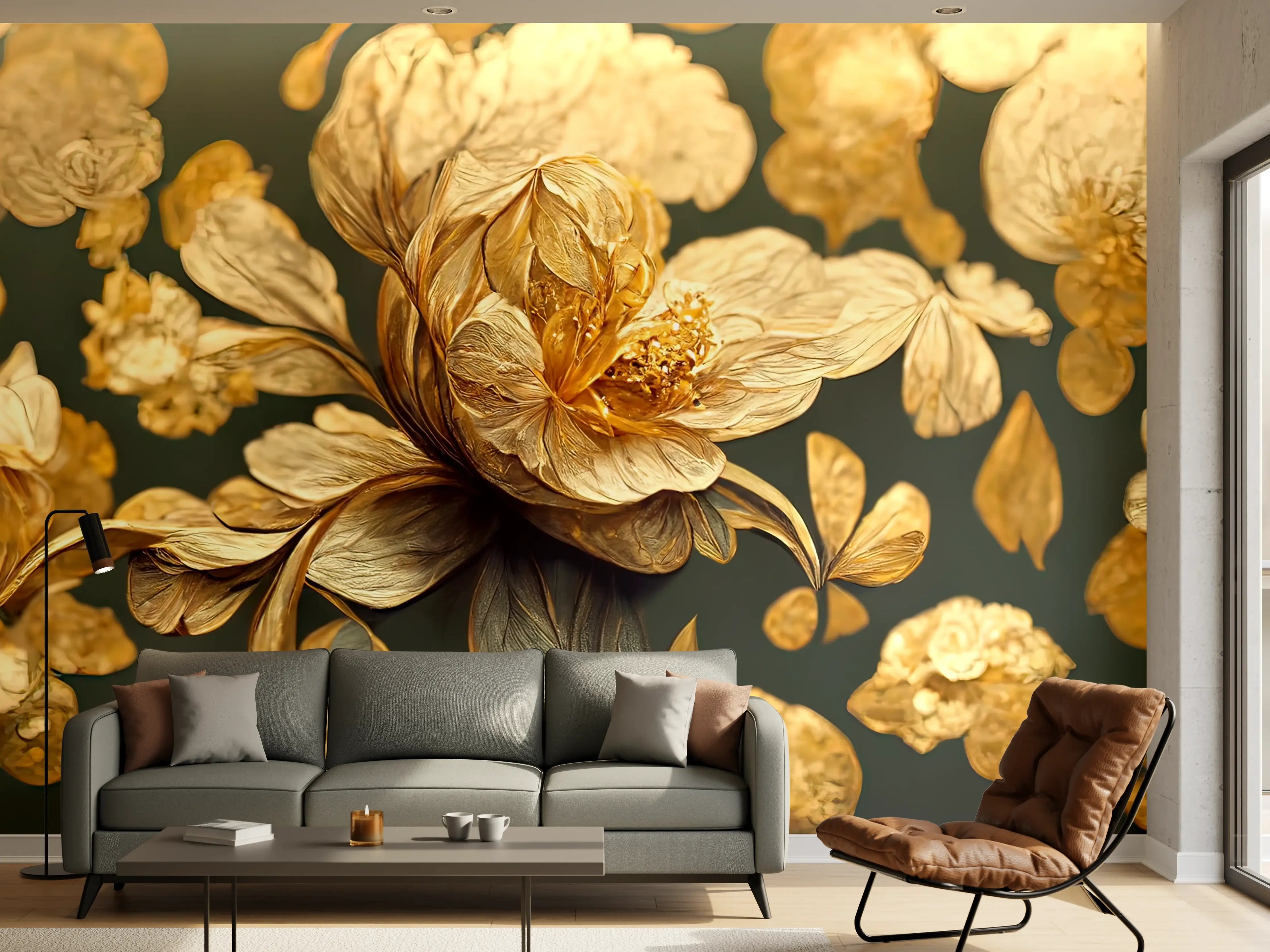Wandverkleidung Wohnzimmer - Elegante Blumenmotive mit Goldakzenten