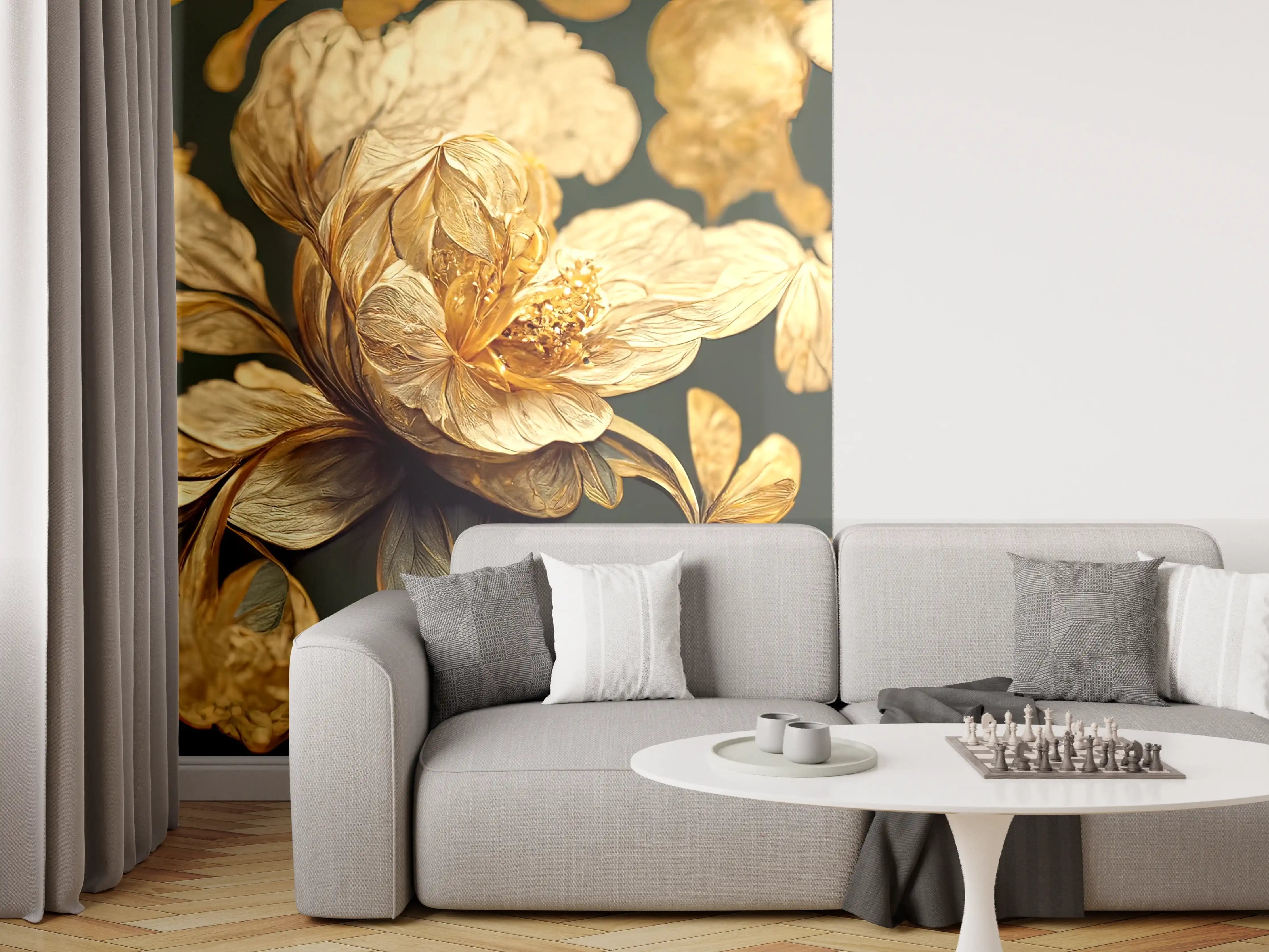 Wandverkleidung Wohnzimmer - Elegante Blumenmotive mit Goldakzenten