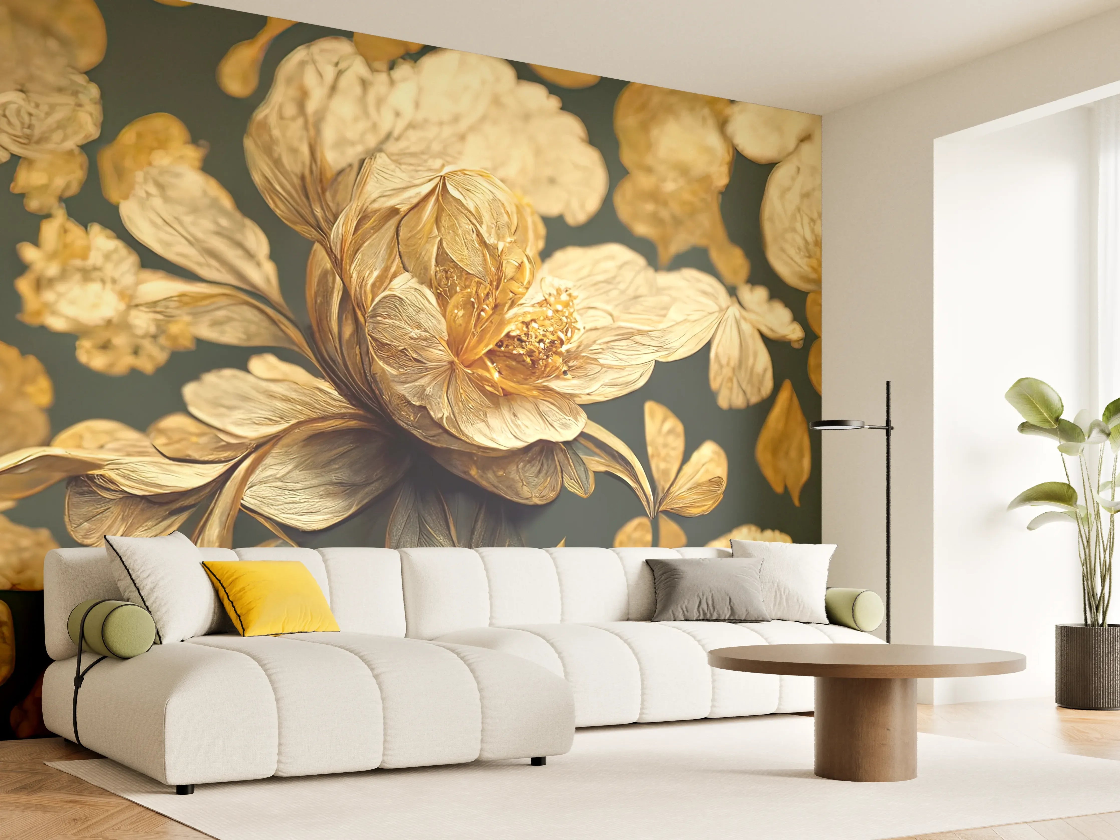 Wandverkleidung Wohnzimmer - Elegante Blumenmotive mit Goldakzenten