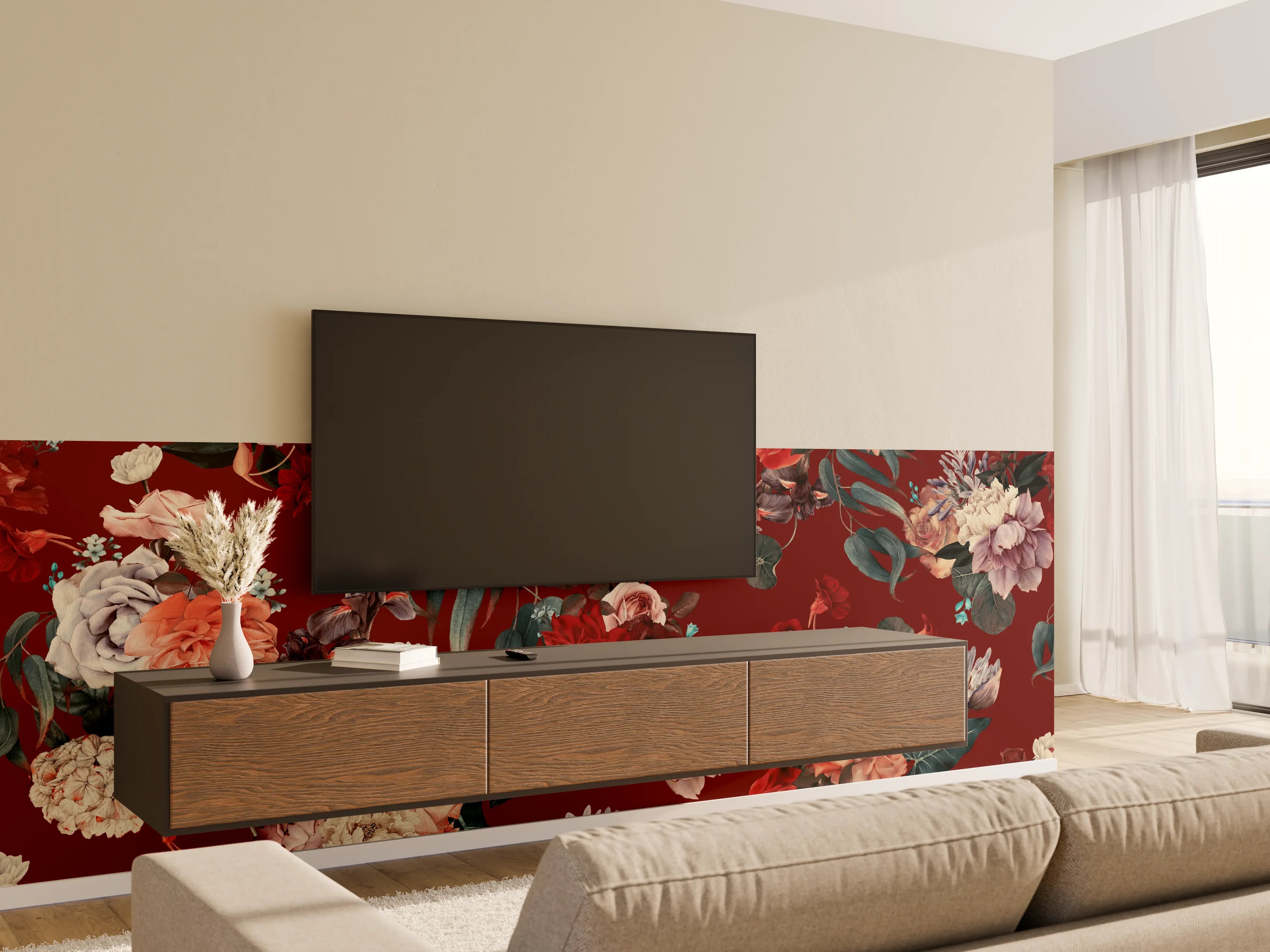 Wandverkleidung Wohnzimmer - Elegante Blumenmuster auf dunklem Hintergrund