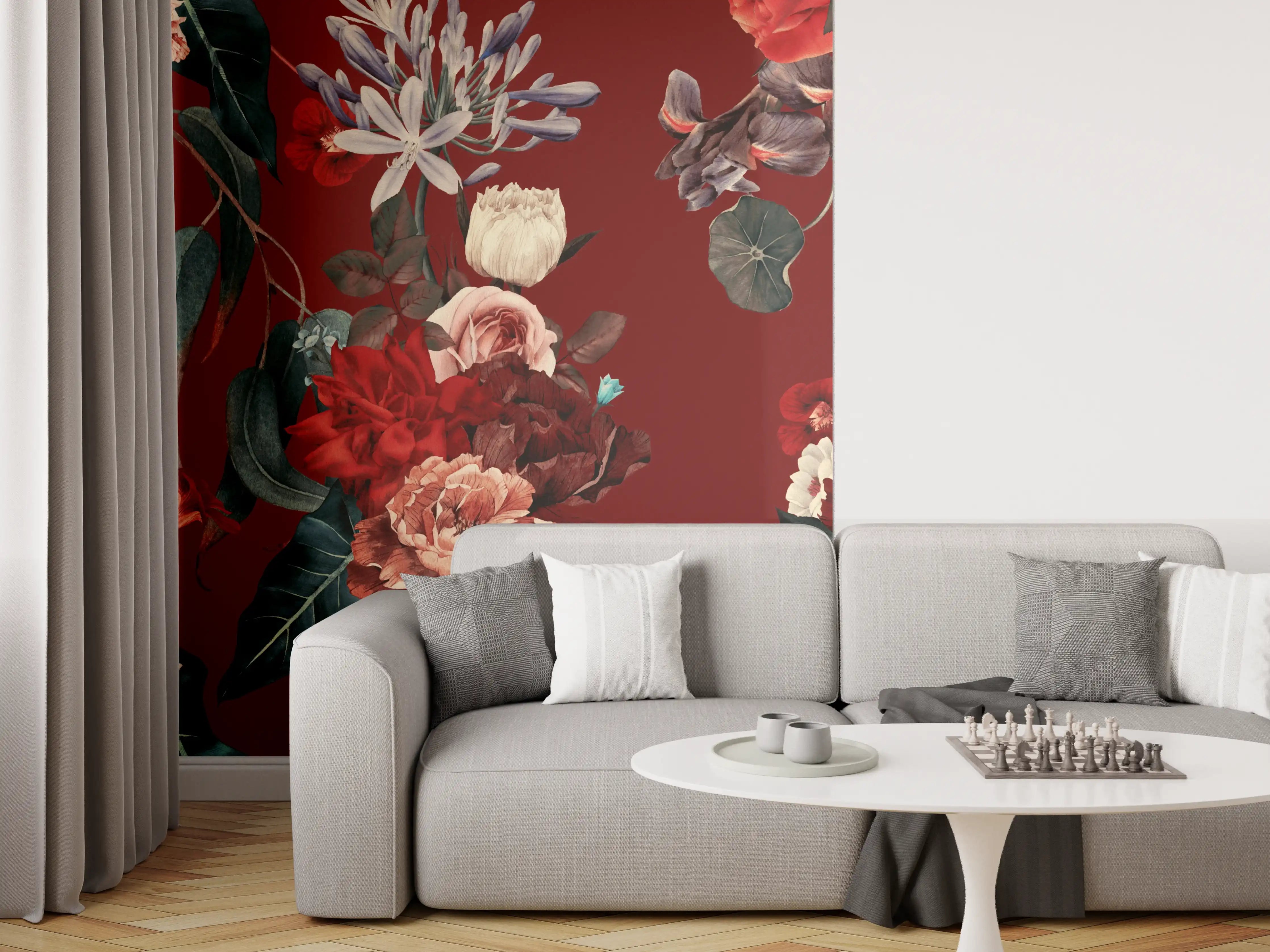 Wandverkleidung Wohnzimmer - Elegante Blumenmuster auf dunklem Hintergrund
