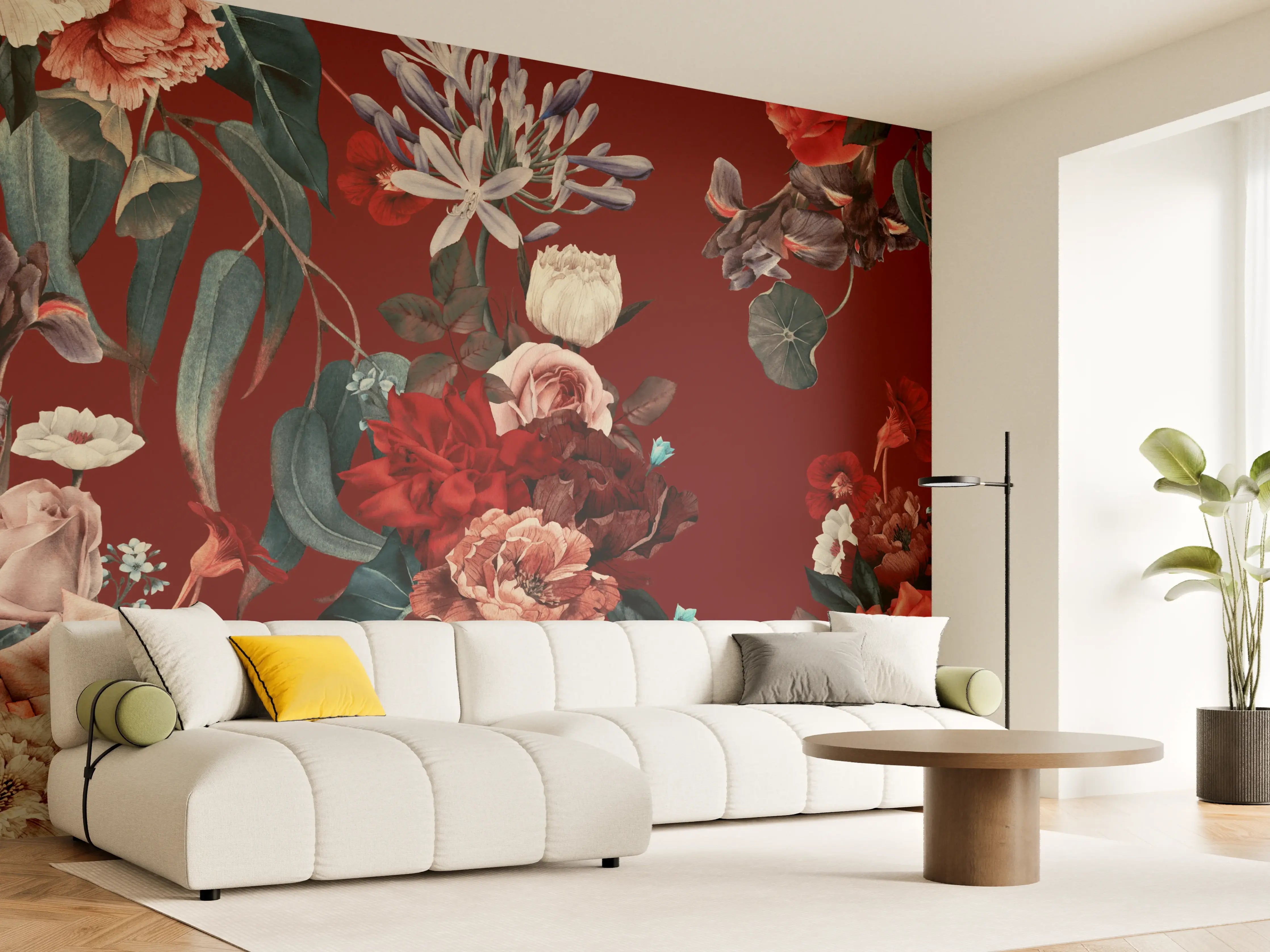 Wandverkleidung Wohnzimmer - Elegante Blumenmuster auf dunklem Hintergrund