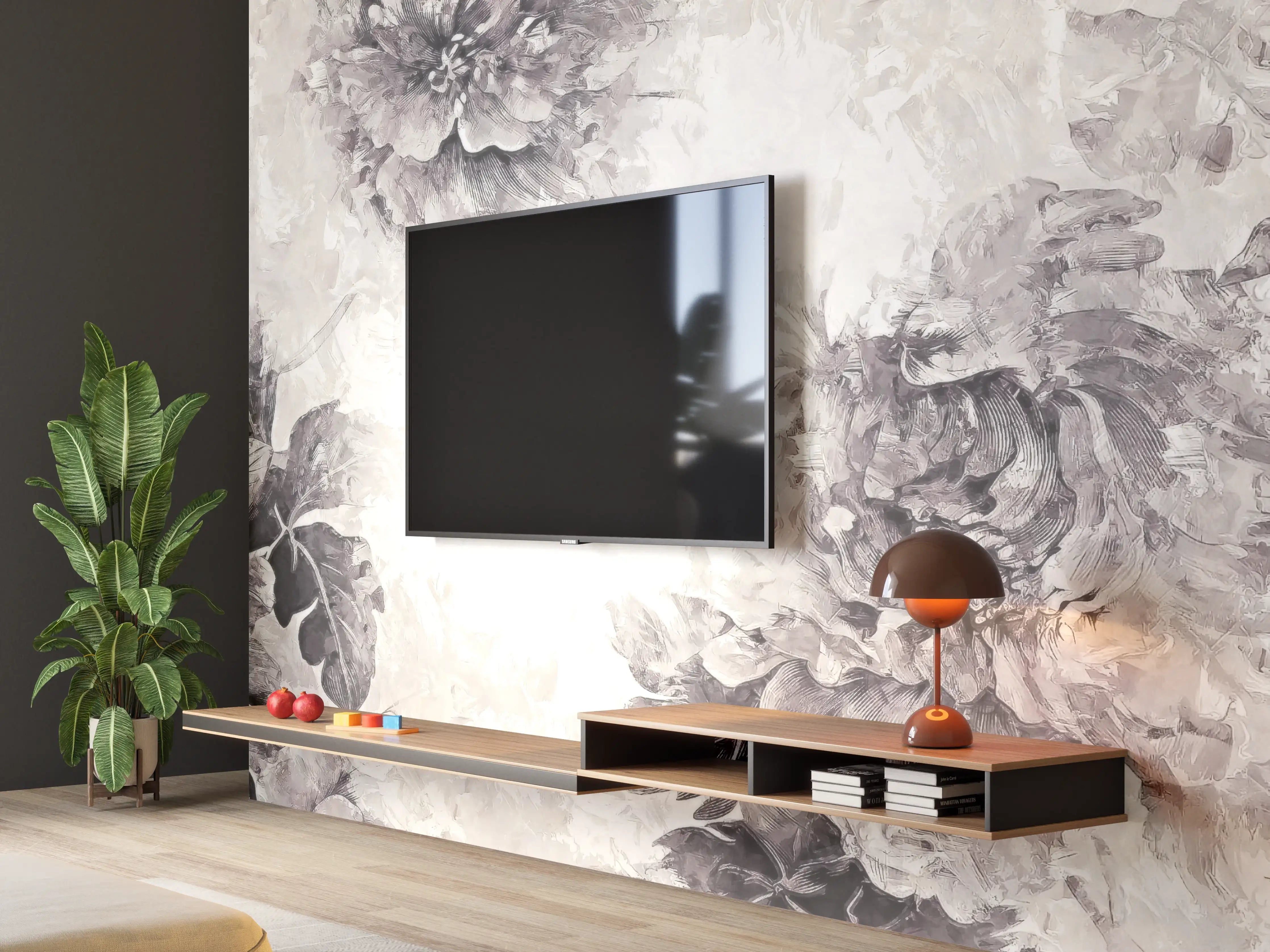 Wandverkleidung Wohnzimmer - Elegante Blumenmuster in Grau-Weiß