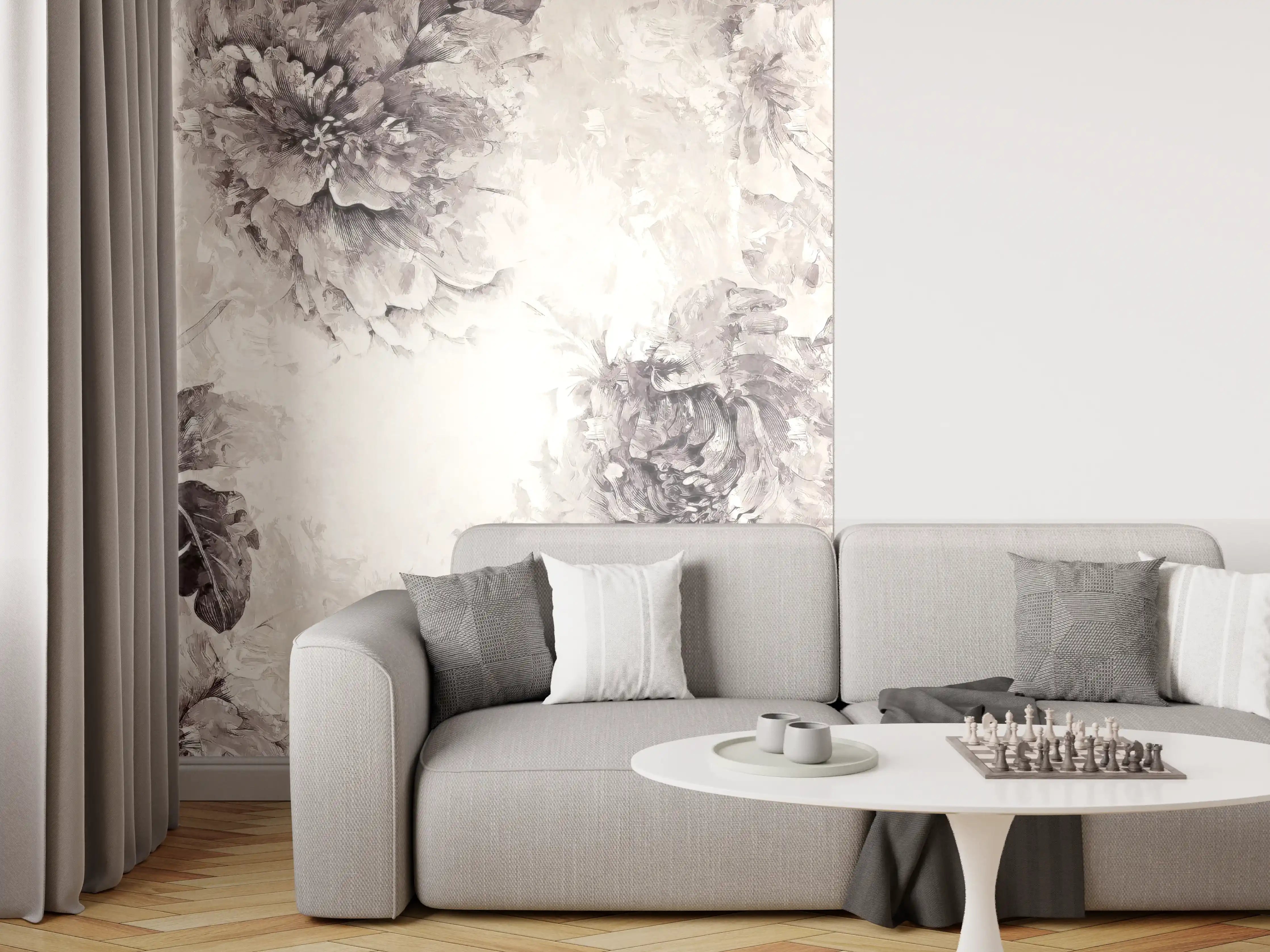 Wandverkleidung Wohnzimmer - Elegante Blumenmuster in Grau-Weiß