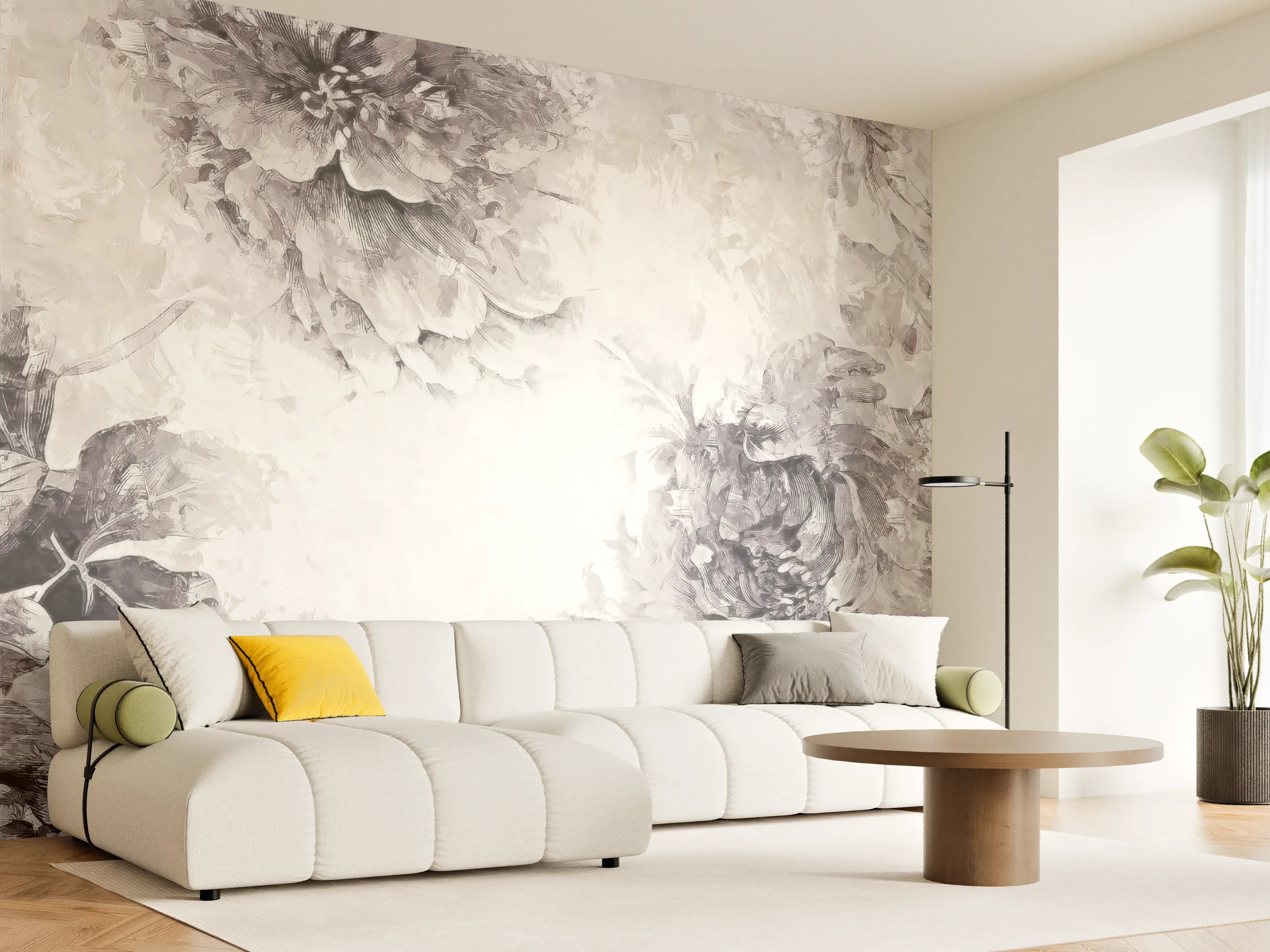 Wandverkleidung Wohnzimmer - Elegante Blumenmuster in Grau-Weiß