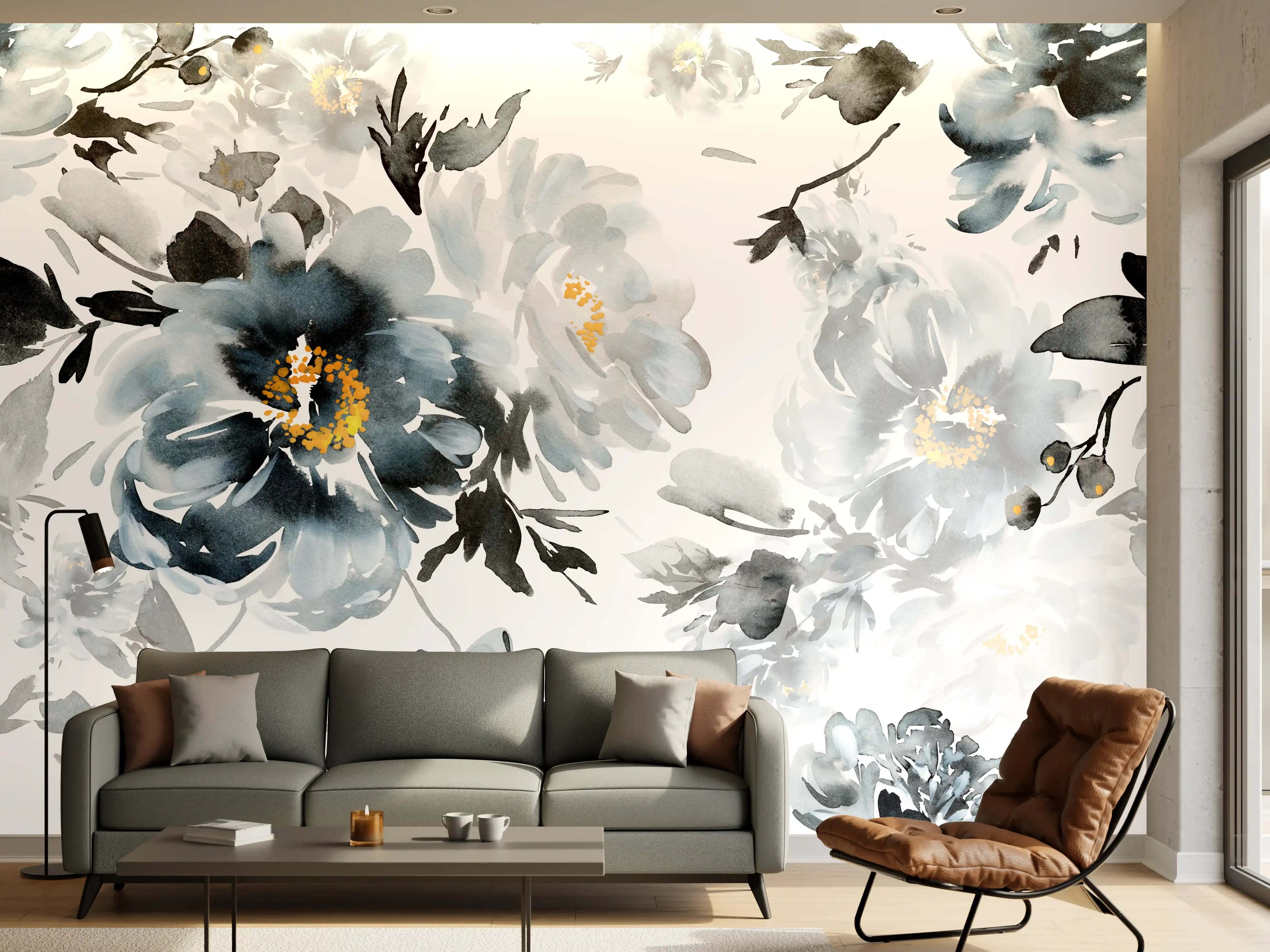 Wandverkleidung Wohnzimmer - Elegante Blumenmuster in Grau und Weiß