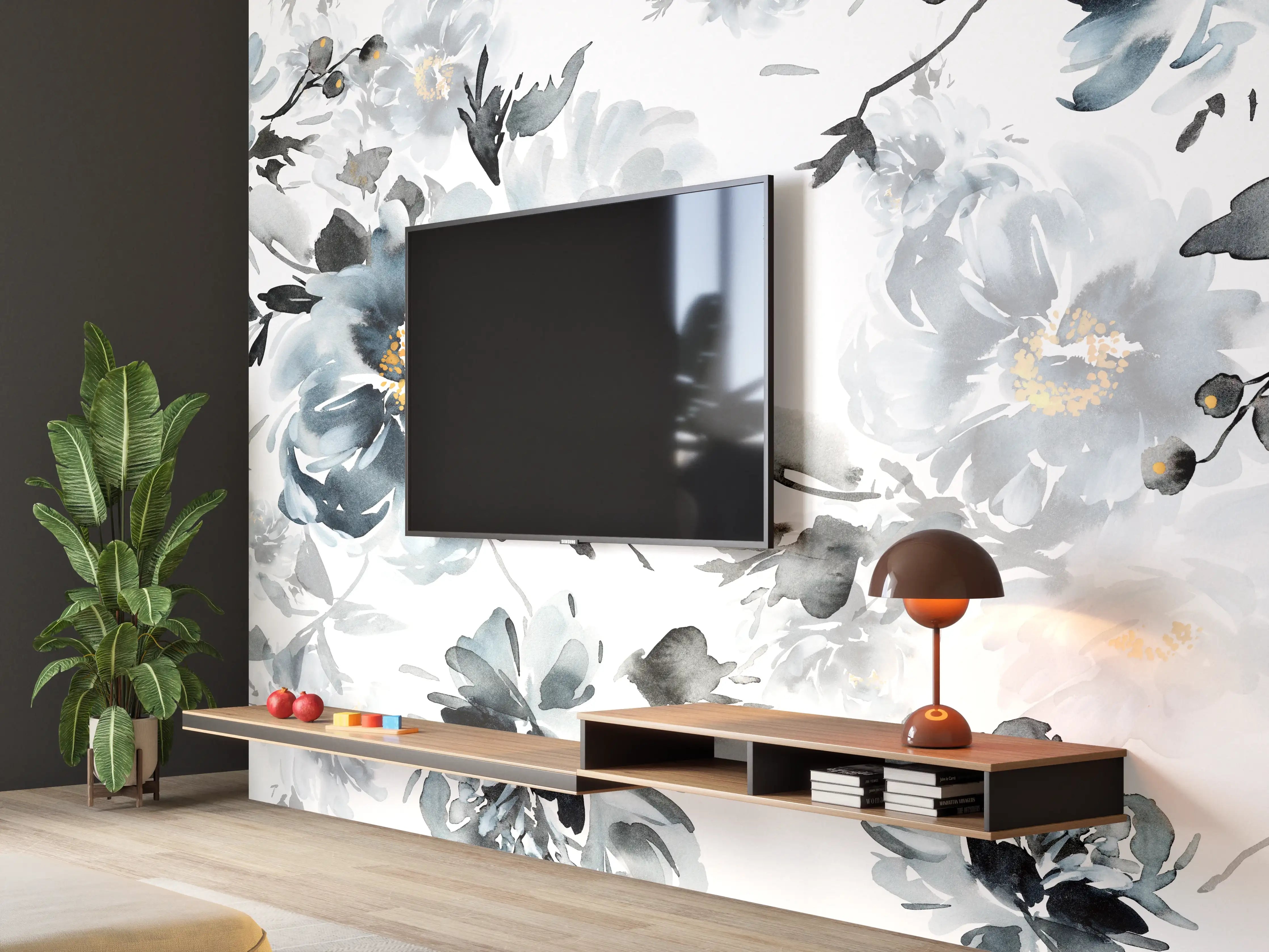 Wandverkleidung Wohnzimmer - Elegante Blumenmuster in Grau und Weiß
