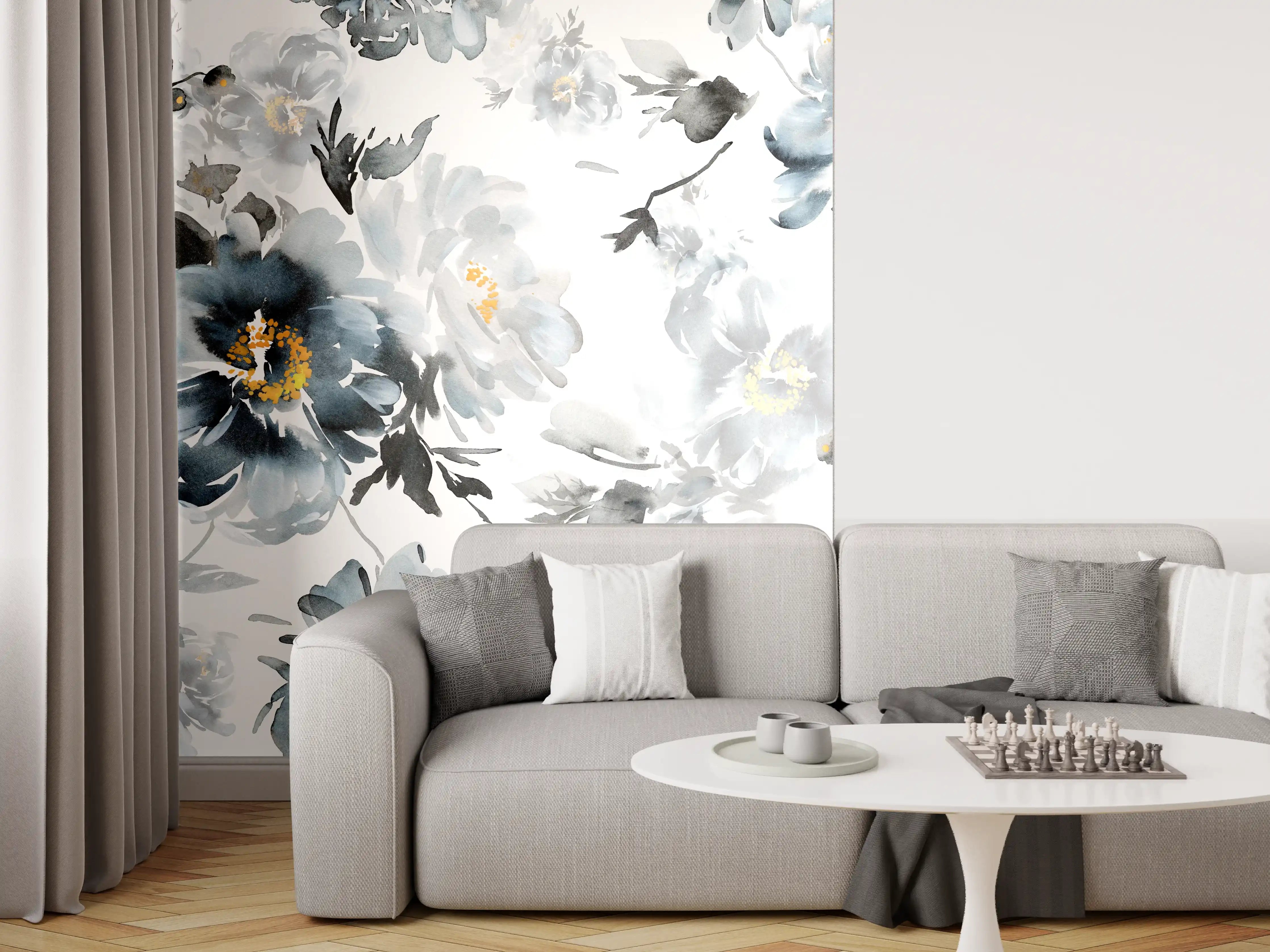 Wandverkleidung Wohnzimmer - Elegante Blumenmuster in Grau und Weiß