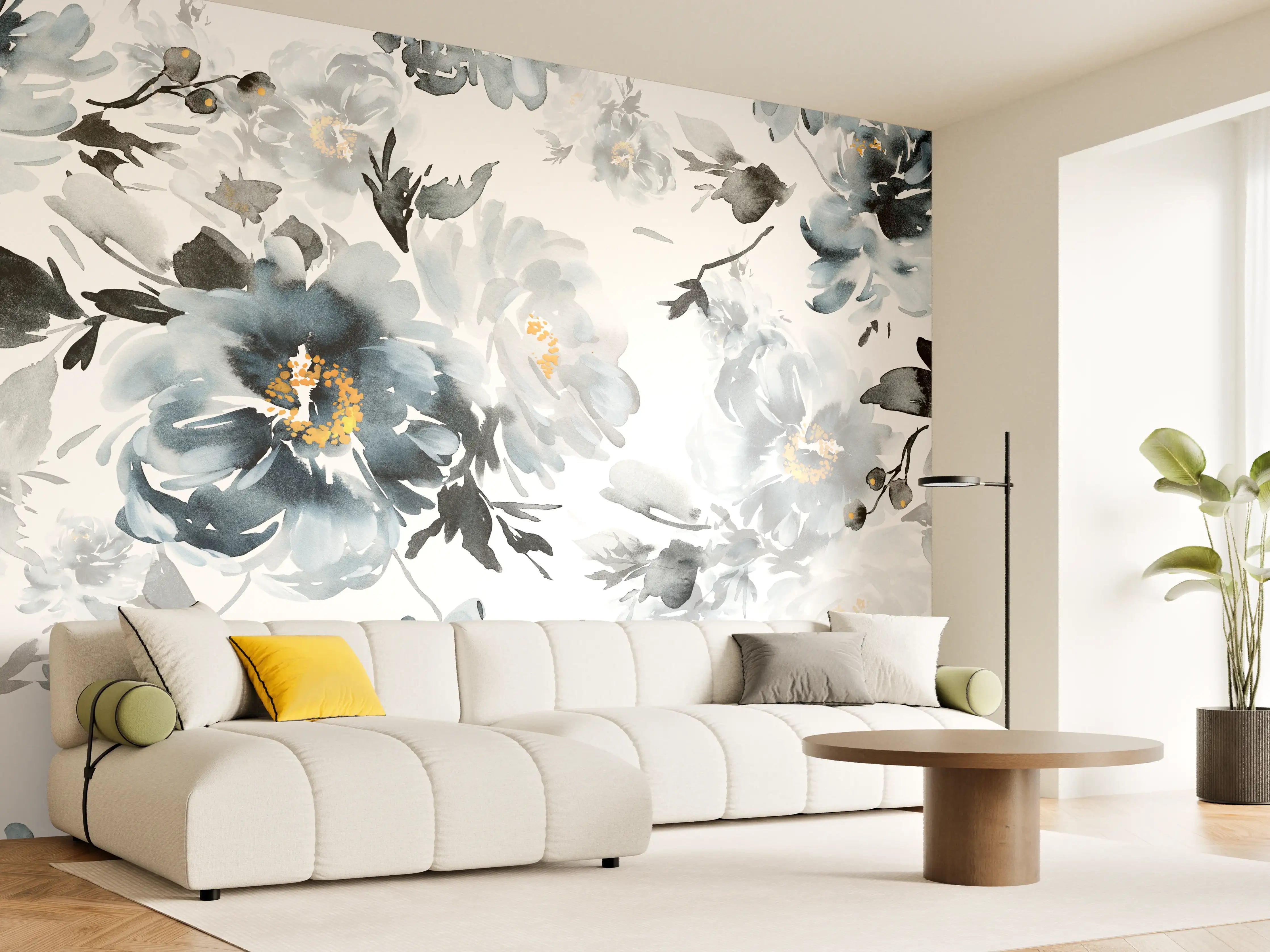 Wandverkleidung Wohnzimmer - Elegante Blumenmuster in Grau und Weiß