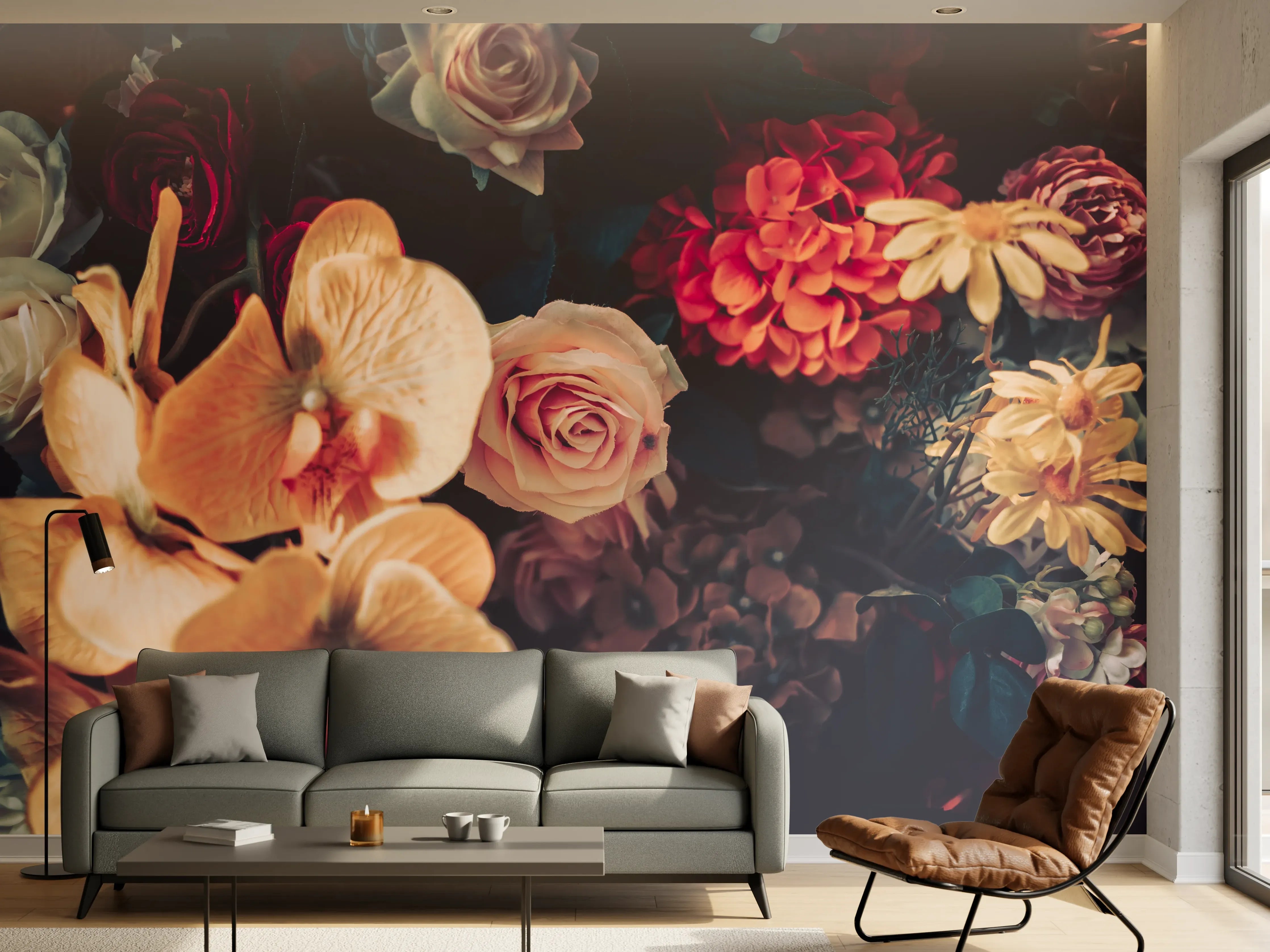 Wandverkleidung Wohnzimmer - Elegante Blumenpracht in warmen Tönen