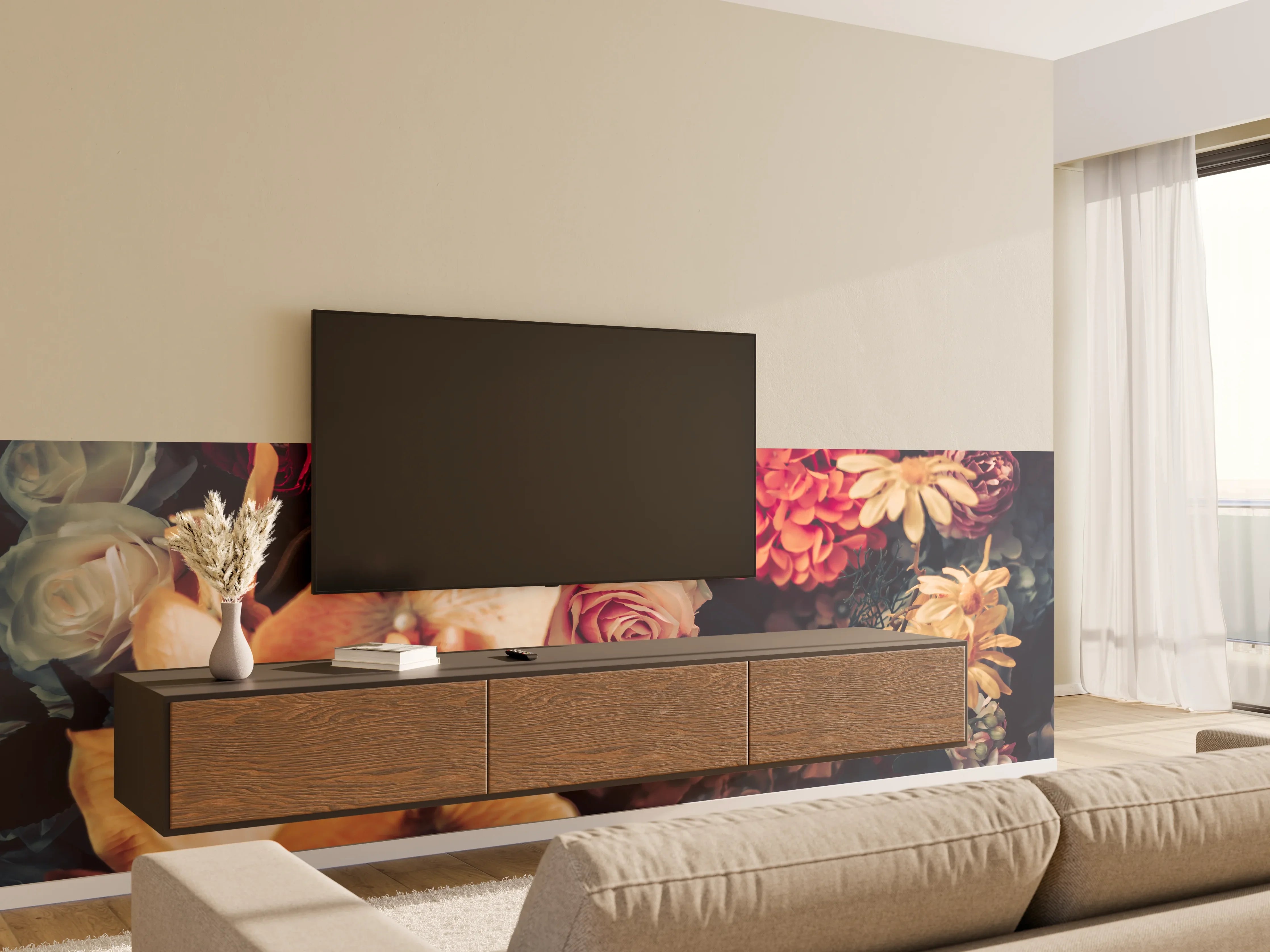 Wandverkleidung Wohnzimmer - Elegante Blumenpracht in warmen Tönen