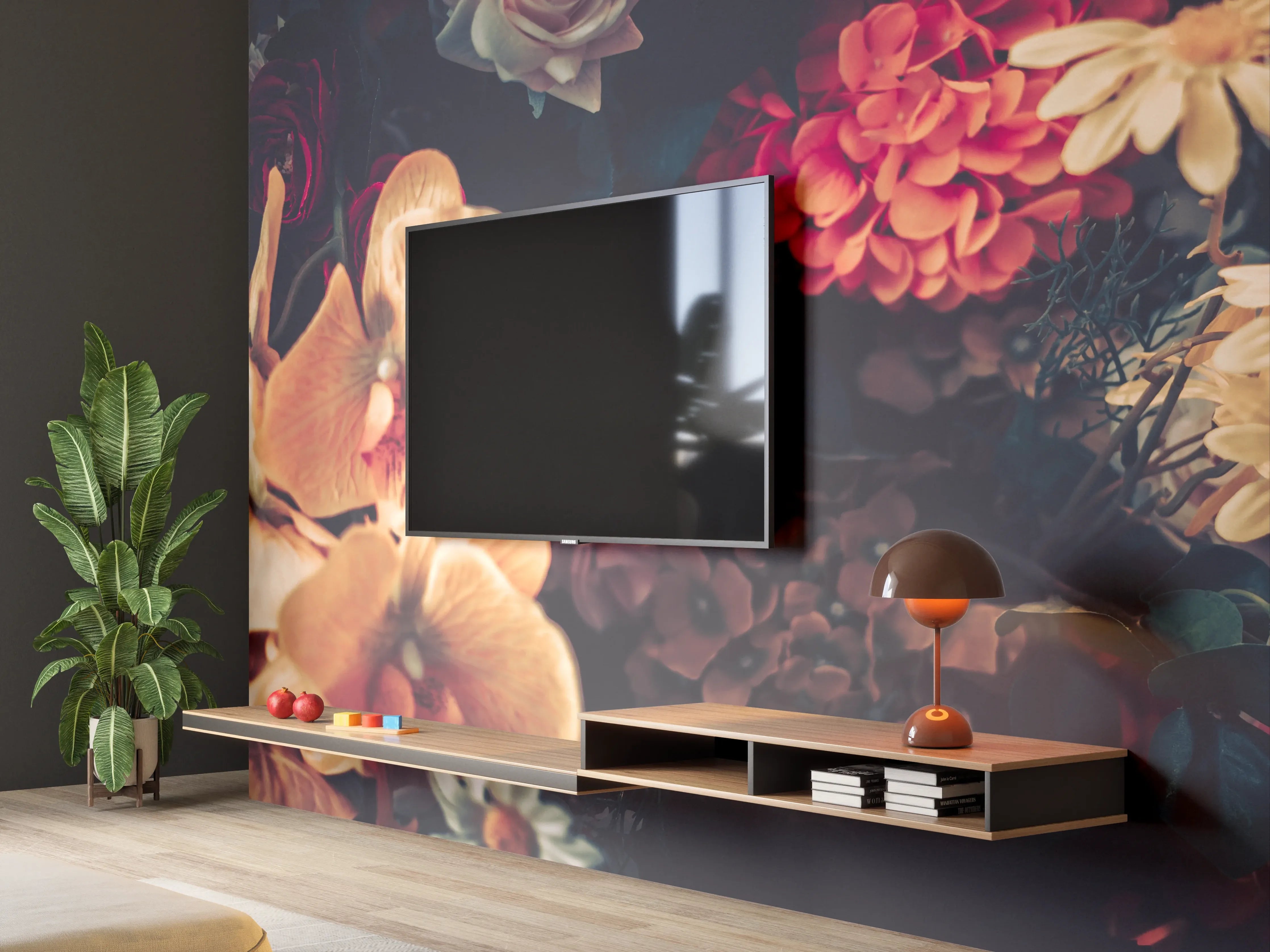 Wandverkleidung Wohnzimmer - Elegante Blumenpracht in warmen Tönen
