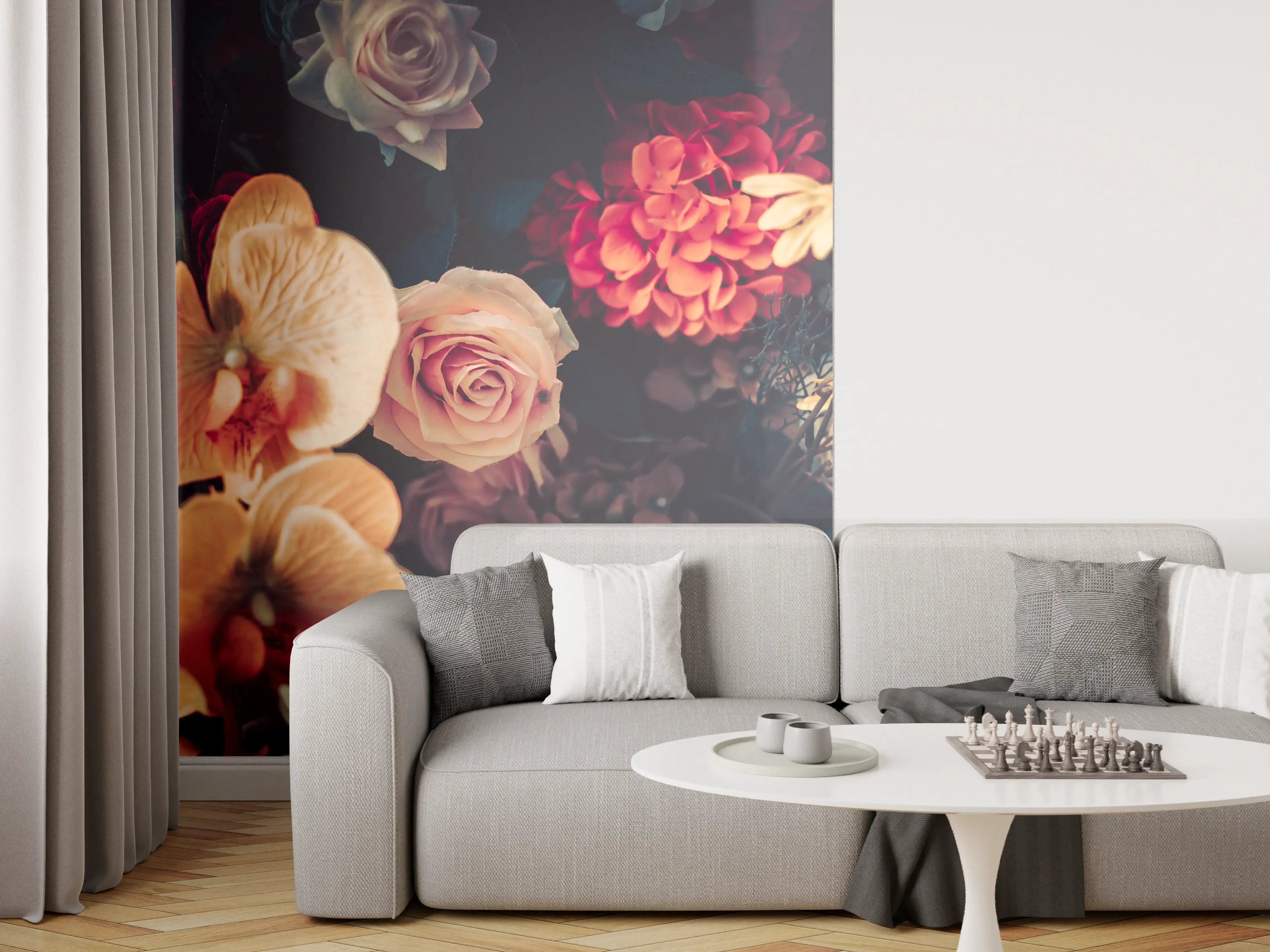 Wandverkleidung Wohnzimmer - Elegante Blumenpracht in warmen Tönen